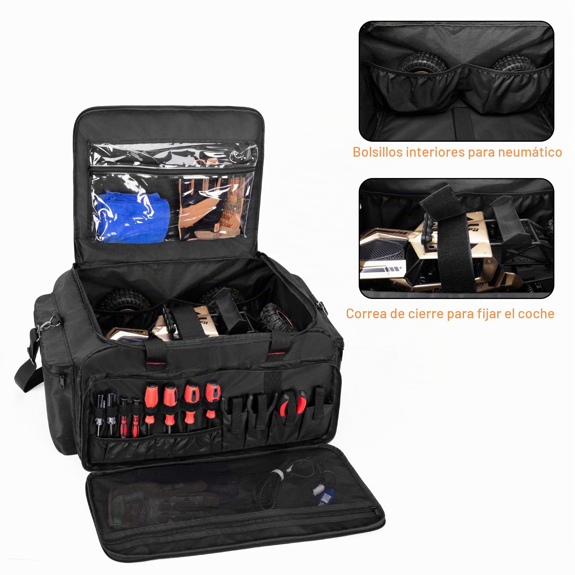 DSLEAF Bolsa de Almacenamiento RC para Coche de 1/8 o 1/10, Funda Protectora RC con múltiples Bolsillos para baterías, Cargador, Herramientas y Otros Accesorios(diseño Patentado)