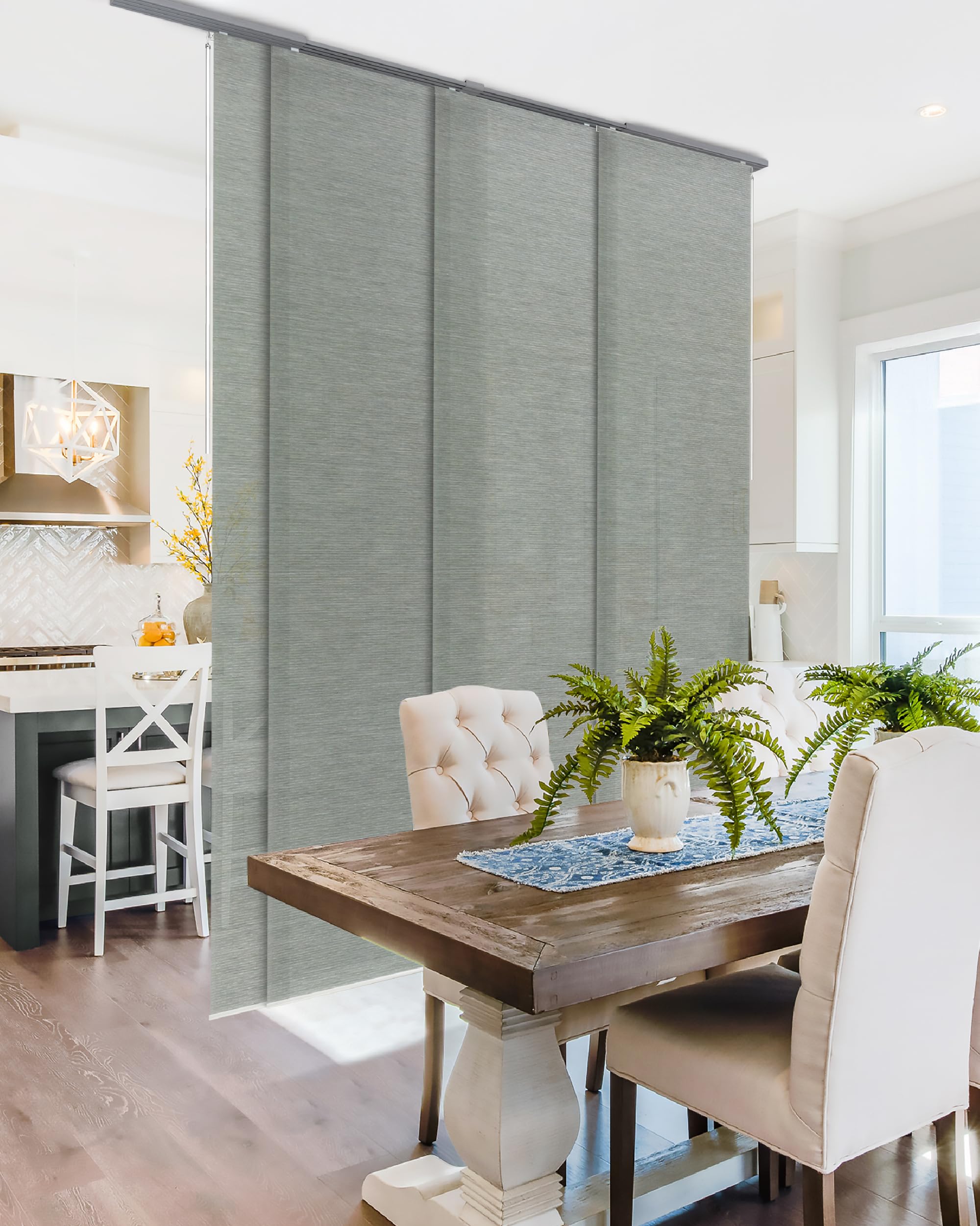 GoDear Design Adjustable Sliding Closet Door Blinds 45.8"- 86" W x 96" H, Extendable Panel Track Vertical Blinds for Sliding Doors, Shimmering Trimmable Fabric Panel Curtains, Semi-Sheer, Moonstone