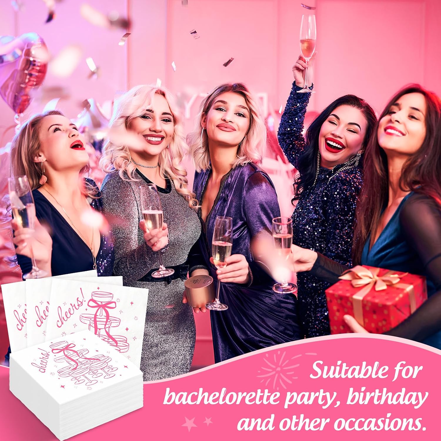 FYSUIMU 50 Pcs Pink Cheers Cocktail Napkins Paper Napkins Champagne Tower Bow Disposable Decorative Beverage Napkin for Bachelorette Party Wedding Bridal Shower Birthday Bar Supplies