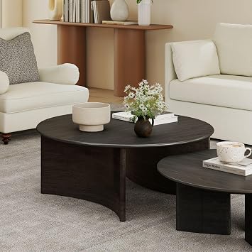ROCITY 31.5 Round Coffee Table, Black Circle Coffee Table with Curved Base, Solid Wood, Ideal for Living Room, Apartment, Compact Place