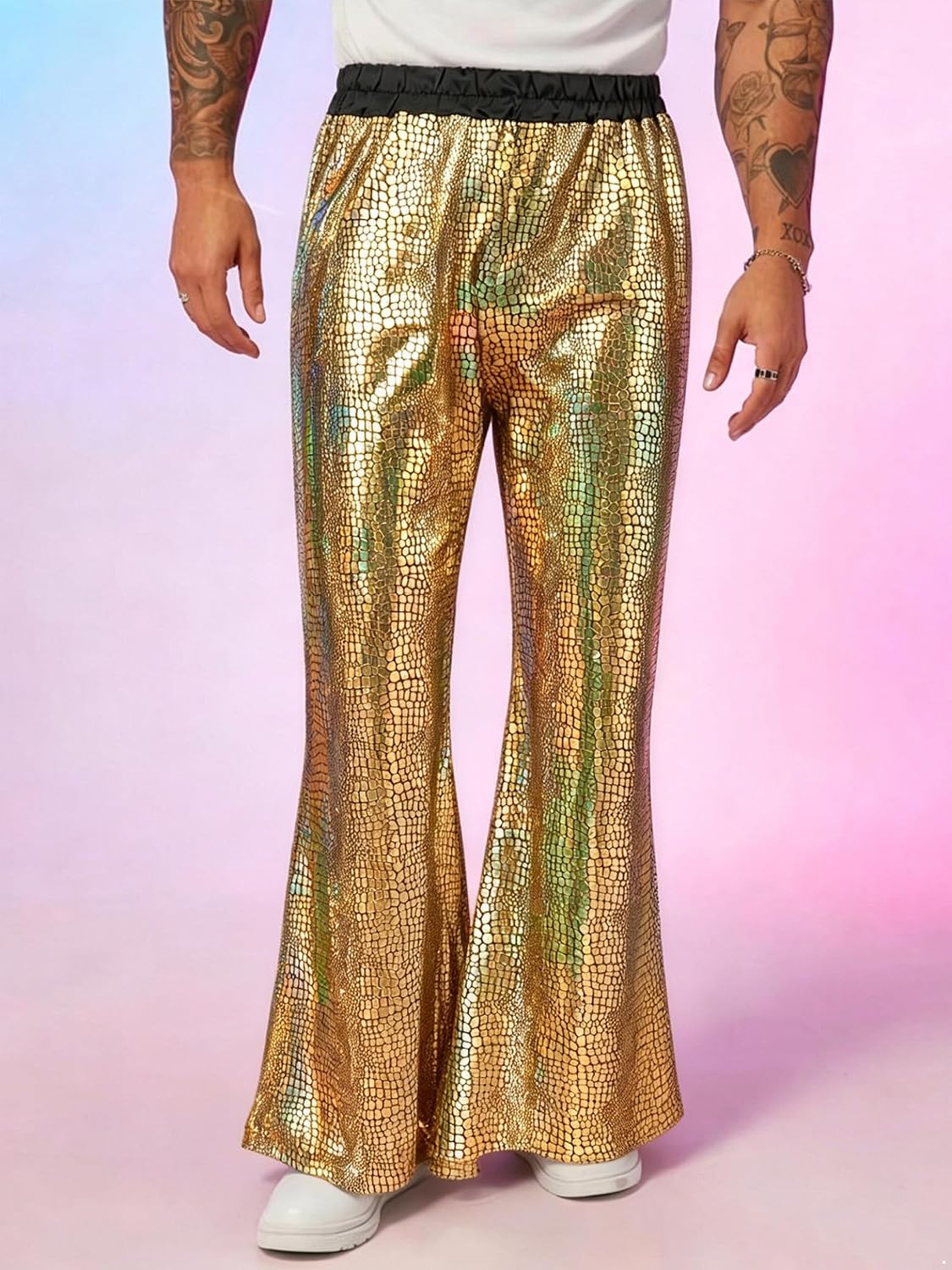 Sywiyi 70s Disco Pants Mens Bell Bottom Metallic Pants Vintage Trousers