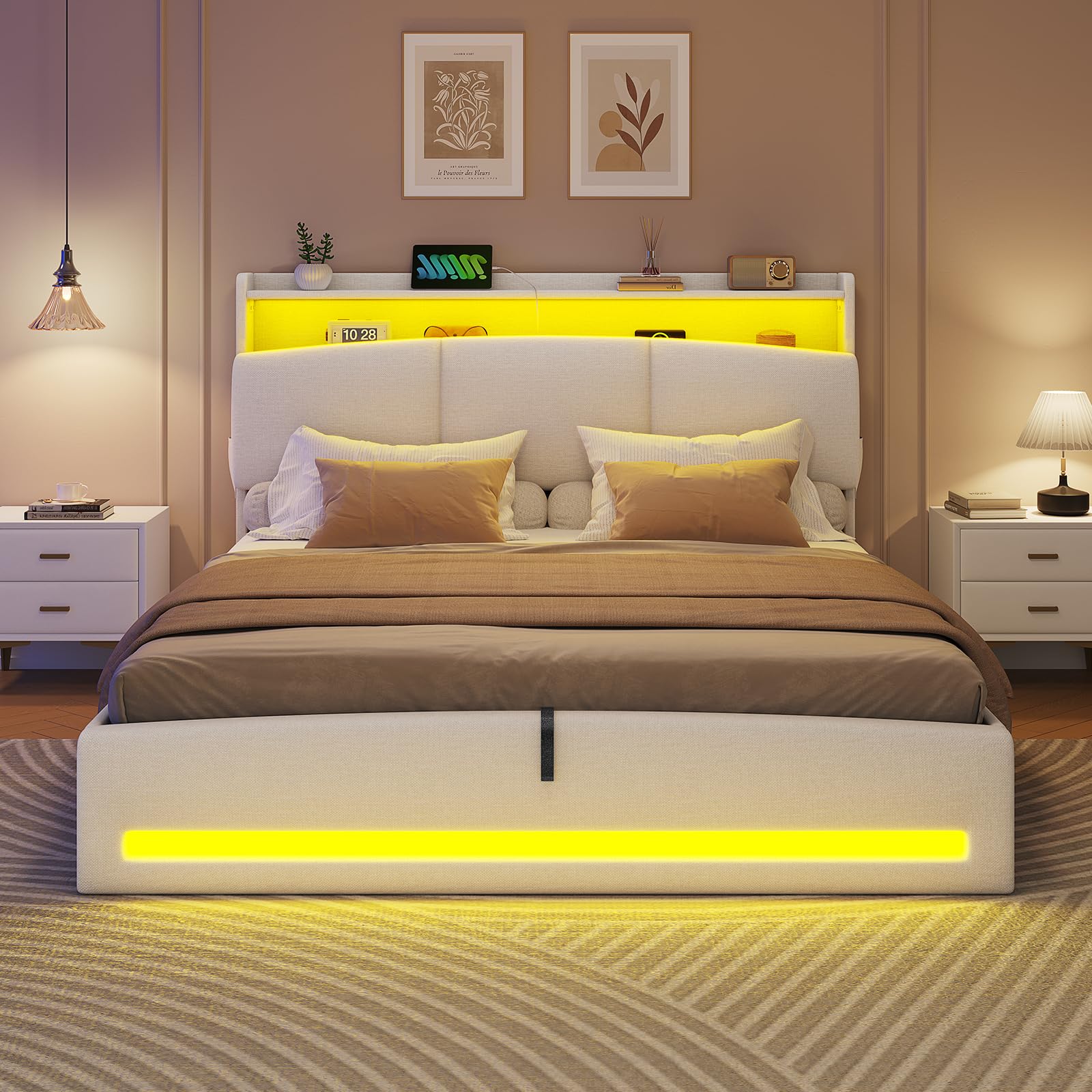 AOGLLATI Lit Coffre 140×190 avec LED et Ports USB,Tête de Lit capitonné avec Étagères Ouvertes et Rangement Caché, lit 2 Personnes avec Hydraulique, Sommier à Lattes, Lin Beige (sans Matelas)