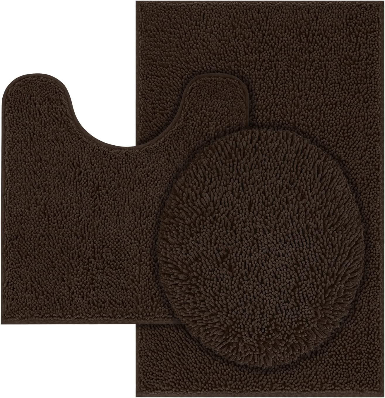TREETONE Chenille Bath Mat 3 Piece Bathroom Rugs Set, 20x20 Inchs U-Shape Contoured Toilet Mat & 20x32 Inchs Rug & Lid Cover Water Absorbent Plush Rugs for Tub Shower & Bath Room -Chocolate Brown