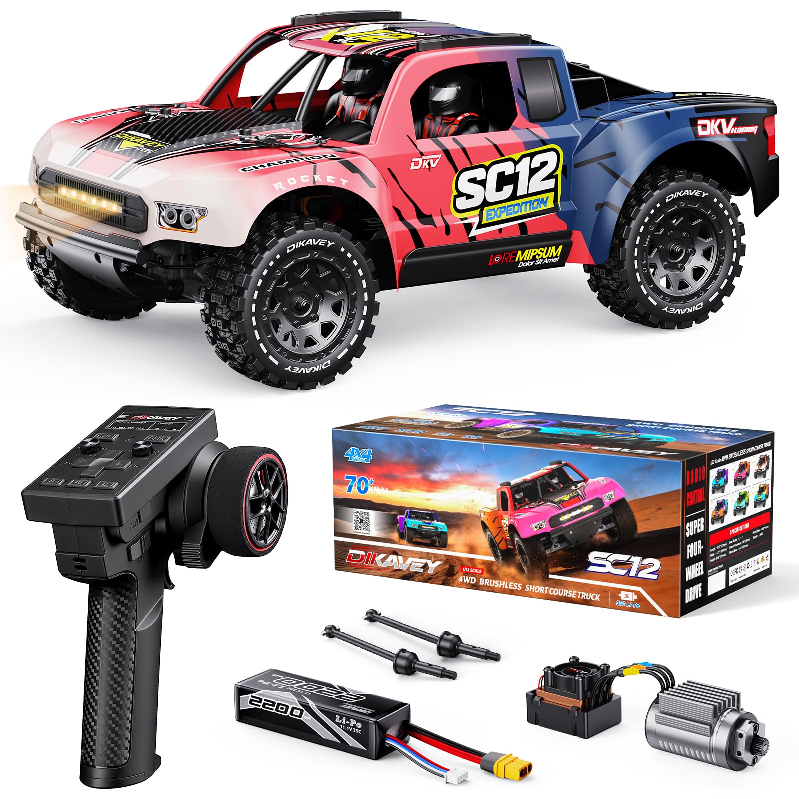 DIKAVEY 1/12 Brushless Remote Control Car RTR, 42MPH (70+Km/H 4WD Rc Short-Course Truck, Amateur-Level Rc Drift Car, Equipped with 3s 2200 Mah Battery, all-terrain tires, Suitable for Adults-Pink