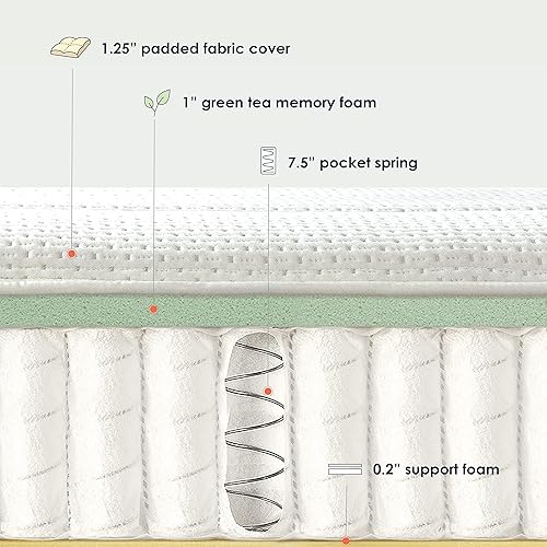 Miniatura 5 de Mellow Colchón híbrido RENA de 10 pulgadas con resortes de bolsillo con espuma viscoelástica de té verde, tamaño King, azul marino