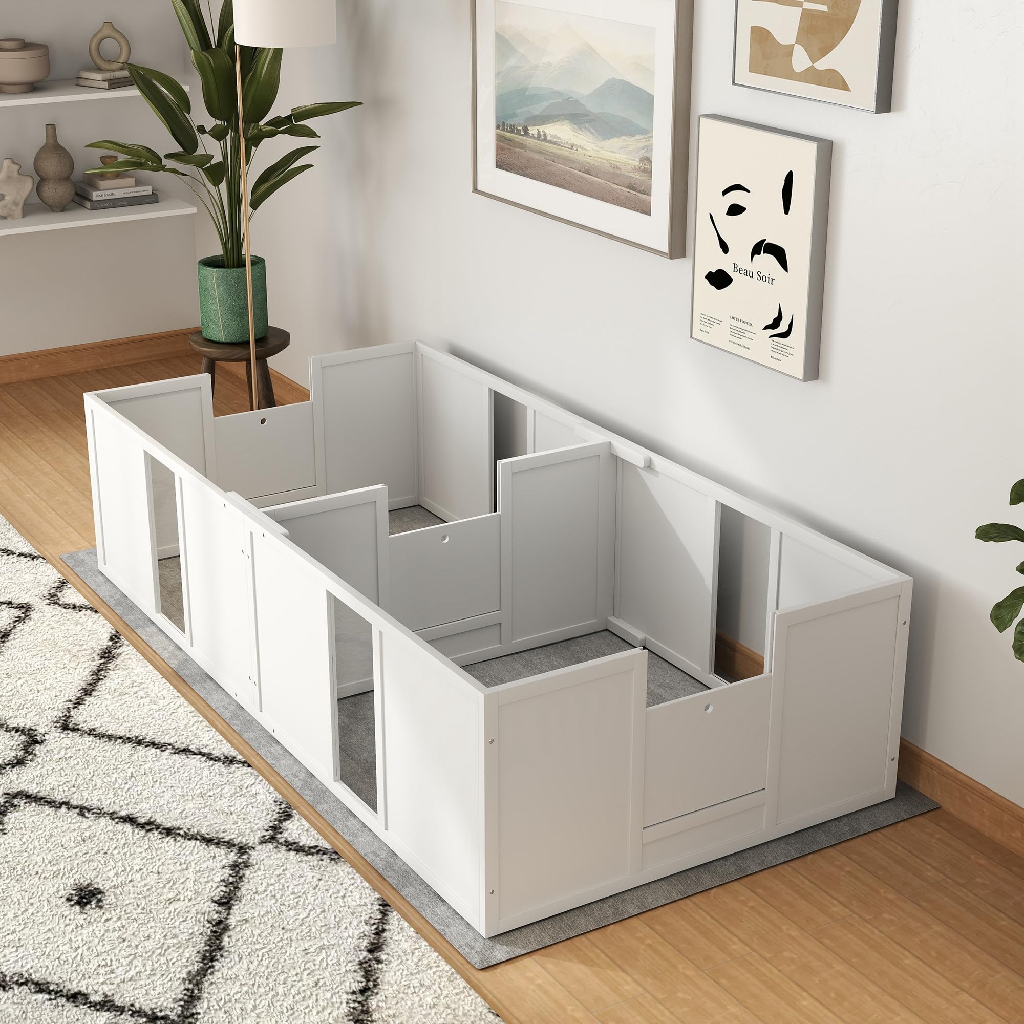 PawHut Wurfkiste für Welpen Hundelaufstall mit Tür 196 x 96 x 48 cm Weiß | Welpenauslauf mit Rutschfeste Bodenschoner, Hunde Wurfbox aus Holz, Welpenlaufstall für Mittelgroße Hunde