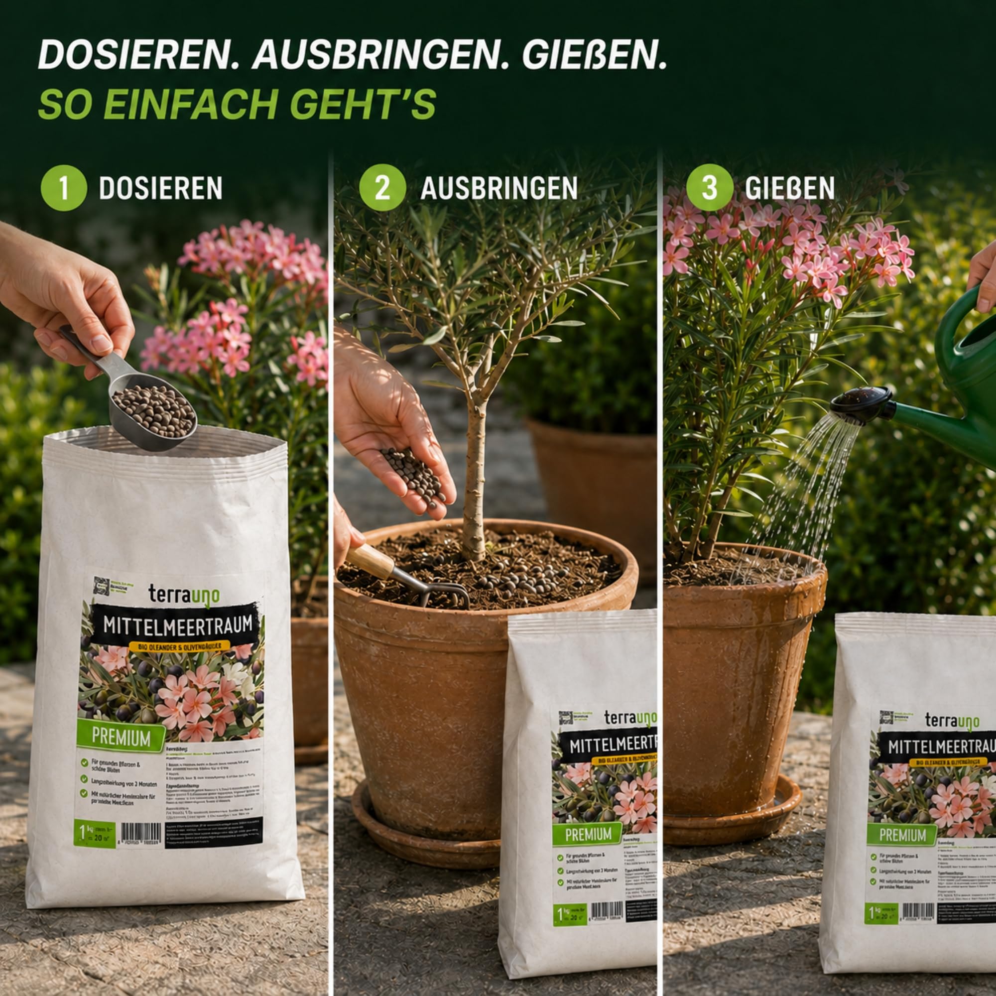 TerraUno Mittelmeertraum Olivenbaum & Oleander Dünger Bio 1 kg, für mediterrane Pflanzen, Zitrus & Palmen, Langzeitdünger mit Huminsäure, Organischer Volldünger Granulat