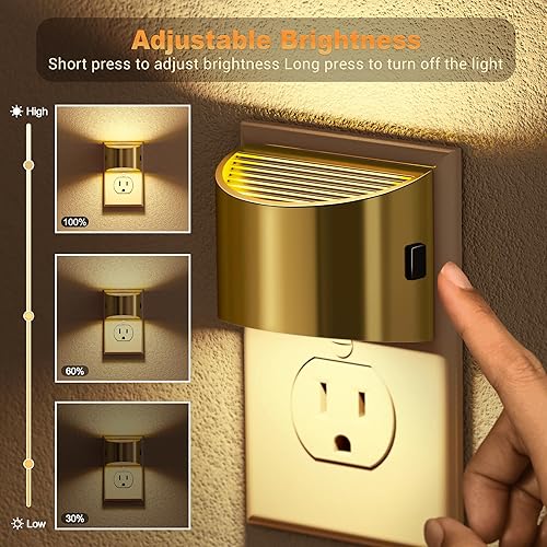 Miniatura 2 de JandCase Luces nocturnas LED enchufables a la pared, paquete de 2 luces nocturnas modernas doradas, luz nocturna con sensor de atardecer a amanecer,