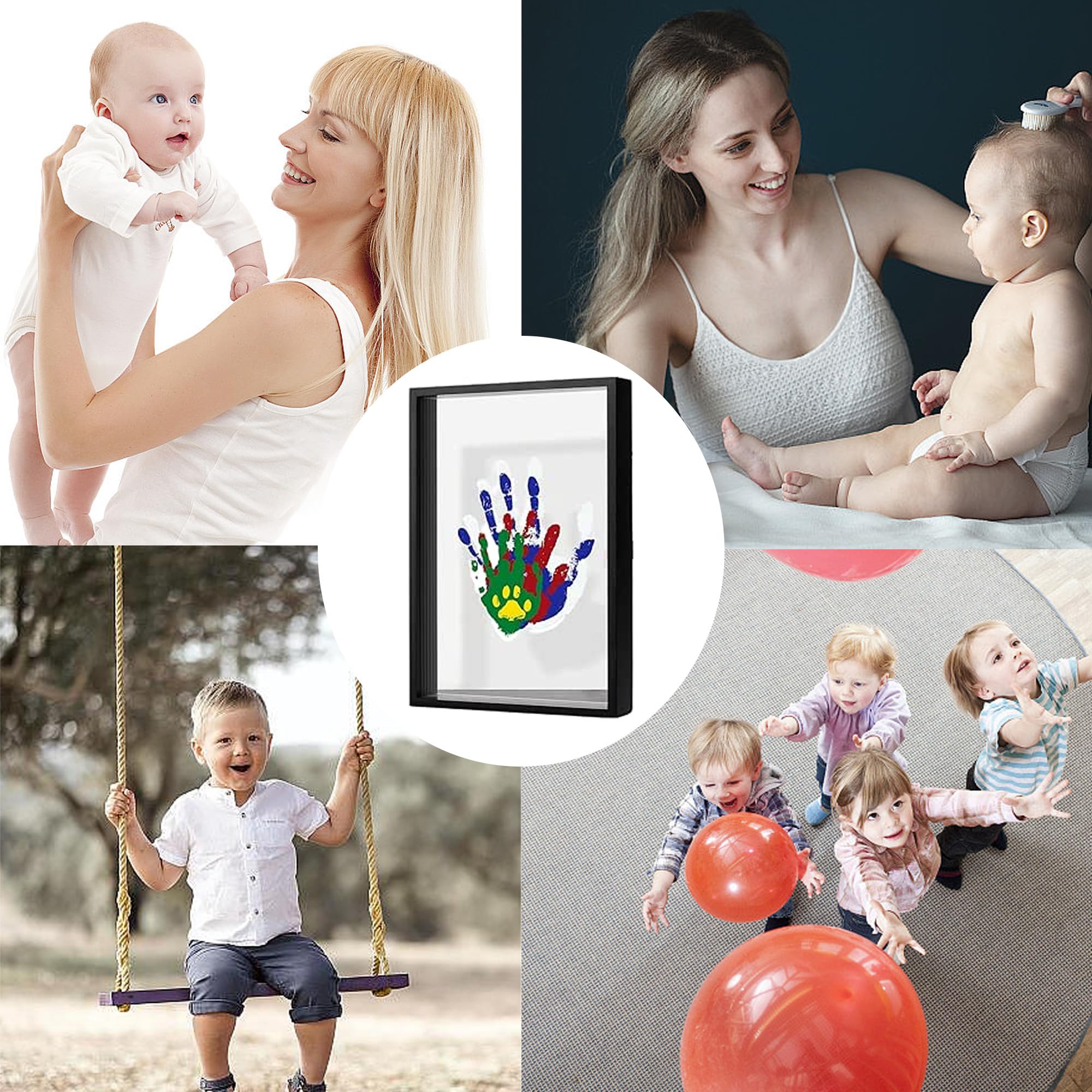 QSLKI Kit di Impronte di Mani per Famiglia, Nero, Cornice Impronta Mani e Piedi Neonati con Spazio, Kit di Impronte Delle Mani dei Membri Della Famiglia, 4 Deflettori, 6 Vernici, Stampa di Zampe