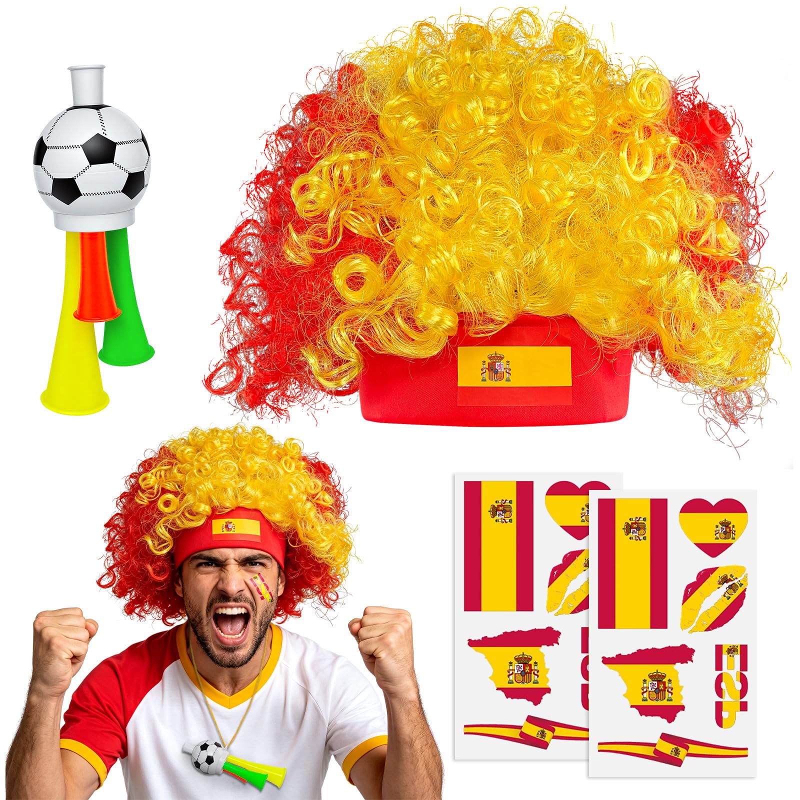 2026 Soccer Fan Gear Set – France Flag Clown Wig, Temporary Tattoos & Loud Horn – Cheer Accessories for International Football Matches, Stadium Parties & Global Tournament Celebrations — view 14