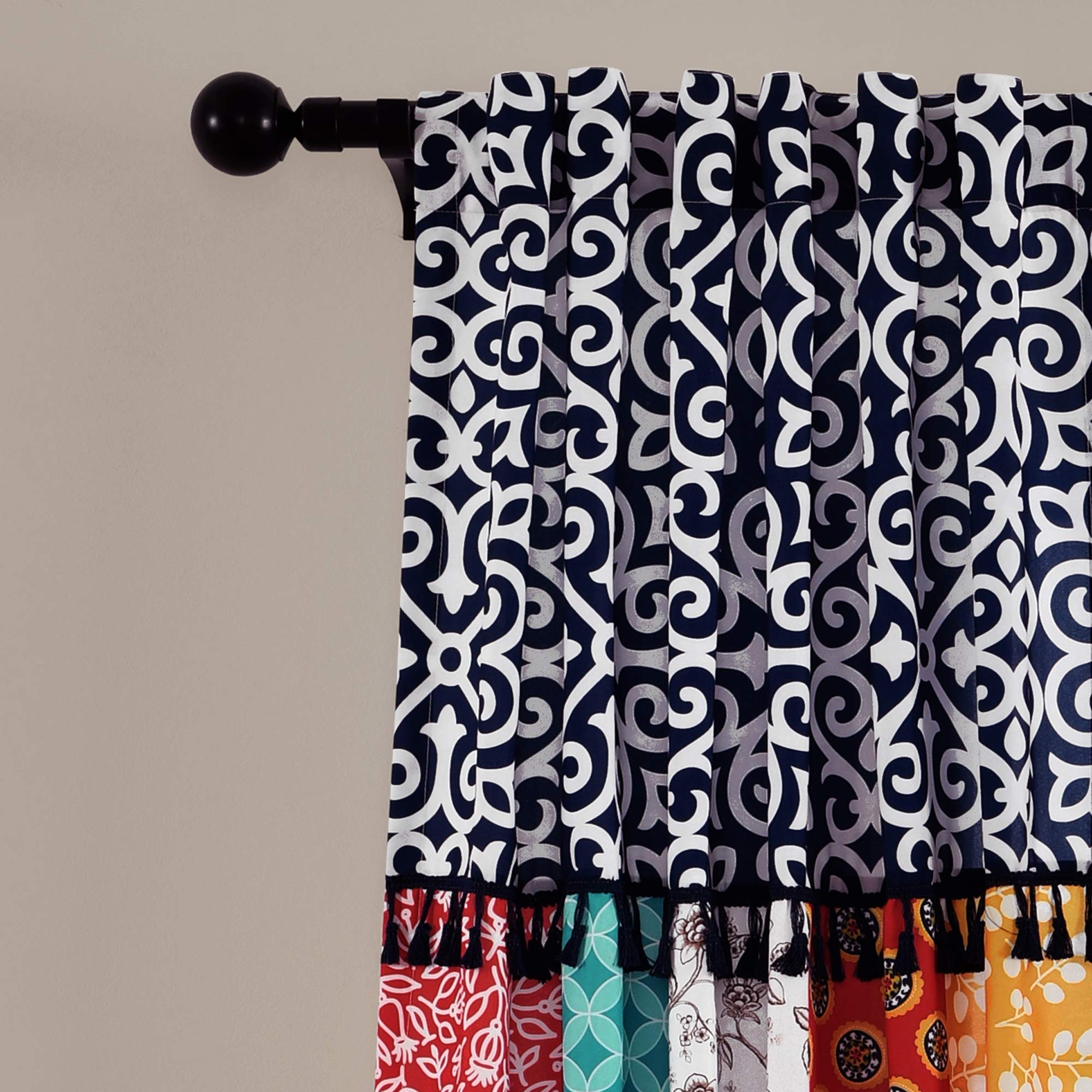 Cortinas Bohemias Lush Decor - 2 Paneles 84" Largo X 45" Ancho, Diseño Patchwork Floral, Color Naranja Y Azul Marino, Luz Natural