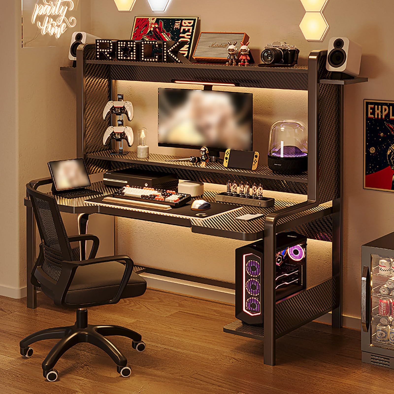 Scrivania da Gioco con Credenza, Scrivania per Ufficio Domestico, Grande Postazione di Lavoro per PC da Gioco, Tavolo da Gioco Ergonomico per Camera da Letto, Soggiorno A,140x60x151cm