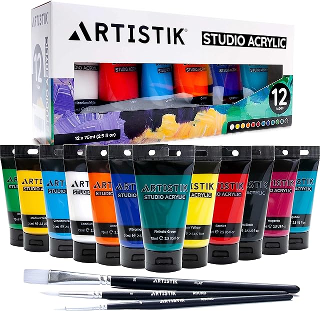 Studio Acrylic Paints - 12 x 75ml Acrylic Paint Tube Set with 3 Brushes - Premium Student Quality Highly-Pigmented Colours Non-Toxic for Canvas, Paper, Wood and More