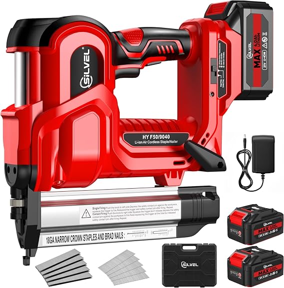 SILVEL 2 Cordless Brad Nailer, 2-in-1 21V Electric Brad Nailer Stapler with 2 * 4.0Ah Battery, 1000pcs Nails, 18GA Staples, Adjustable Depth for Woodworking, Home Improvement
