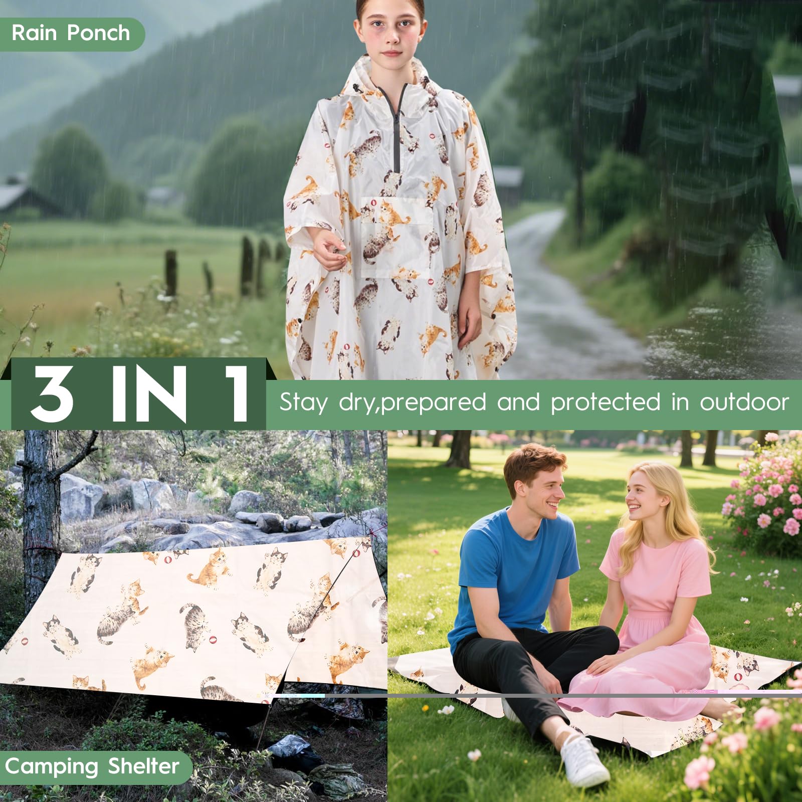 Bruvoalon Poncho de pluie 3 en 1 avec fermeture éclair 1/4 et poche de poitrine, imperméable, pare-soleil, tapis de sol pour adultes et jeunes d'urgence