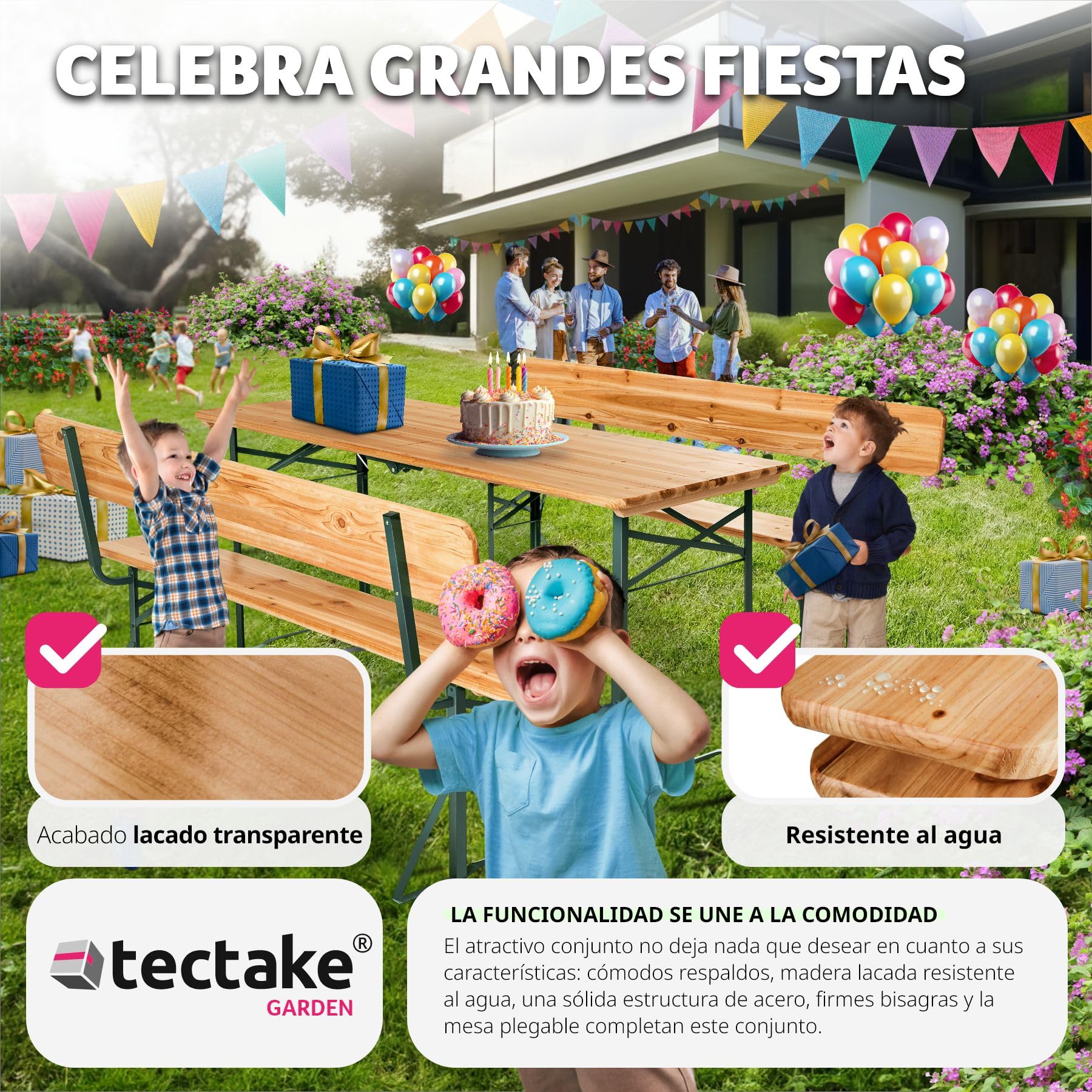 tectake® Conjunto Jardín Exterior, Mesa y 2 Bancos Madera de Abeto Barnizada, Plegables, Estables y Resistentes, Respaldo Extraíble, Fácil Almacenamiento y Transporte, Ideal Camping, Terraza, Picnic