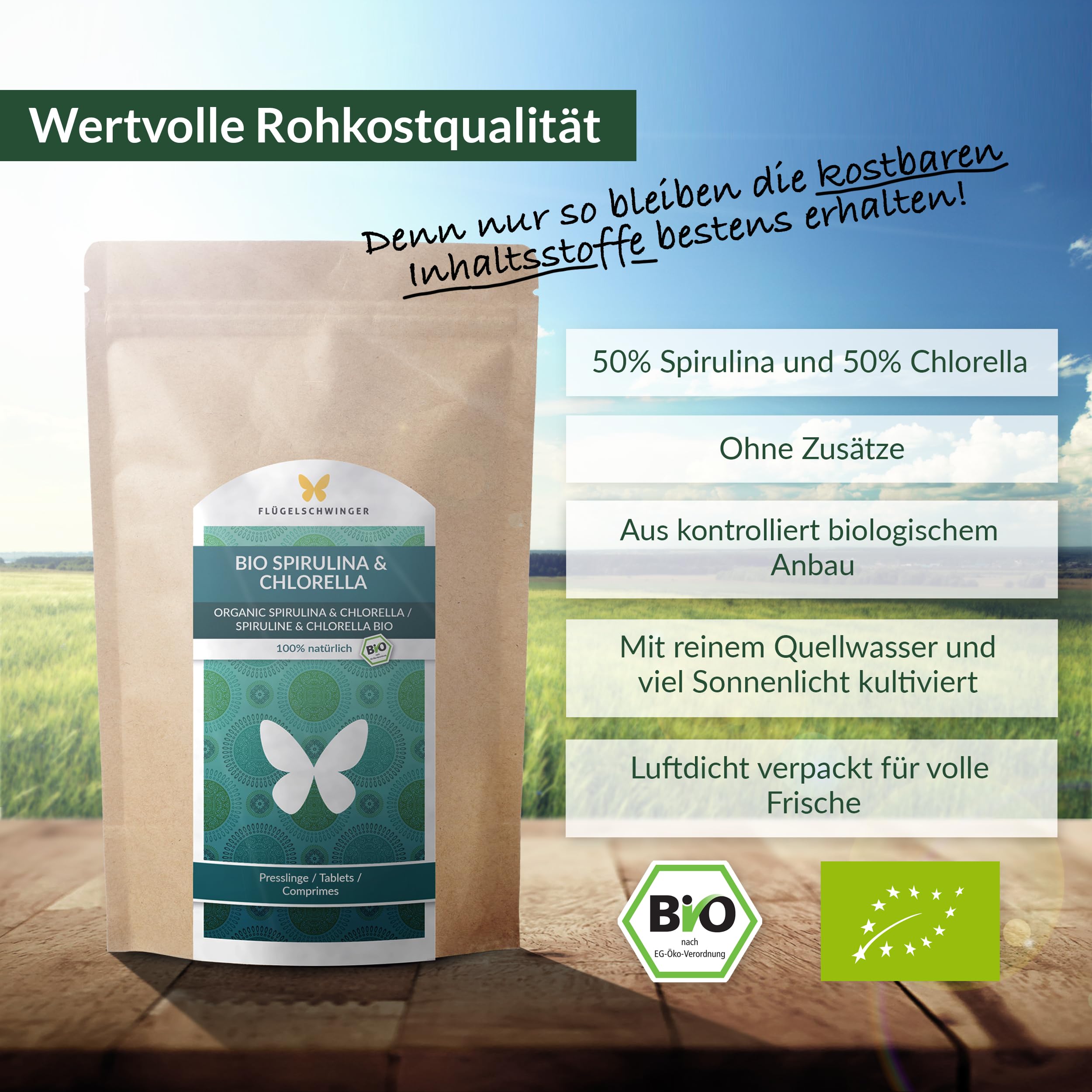 500g BIO Spirulina & Chlorella Presslinge, 1000 Tabletten 'a 500mg, 100% natürlich, rückstandskontrolliert, nach EU-ÖKO-Standard kultiviert und hergestellt, Rohkostqualität, ohne Zusätze (500g)