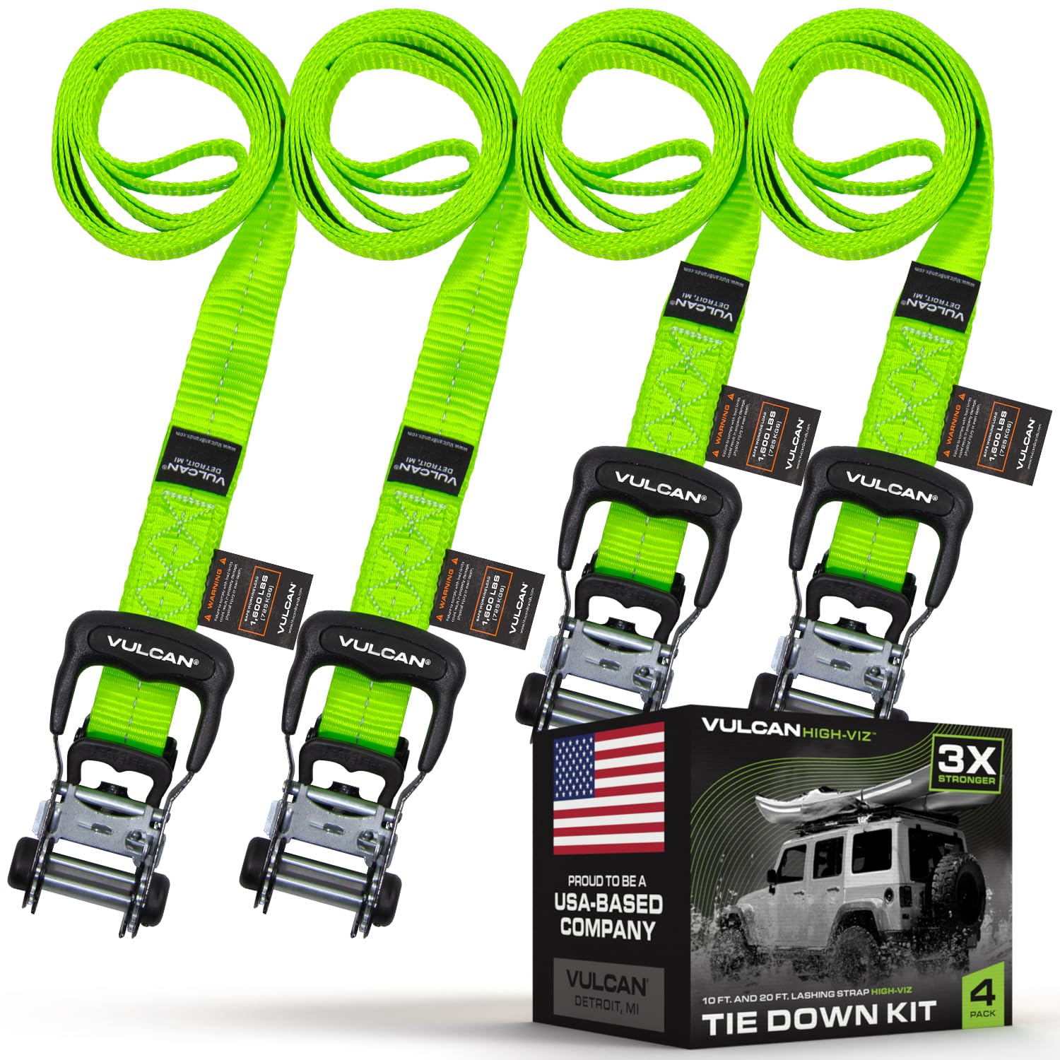 VULCAN Lashing Strap Tie Down Kit - 3X Stronger Than 1" Tie Downs - Green - (4) Ratchets with Rubber Handles, (2) 1.6" x 10' Straps, (2) 1.6" x 20' Straps - for Any Load - Ideal for Tree Stands