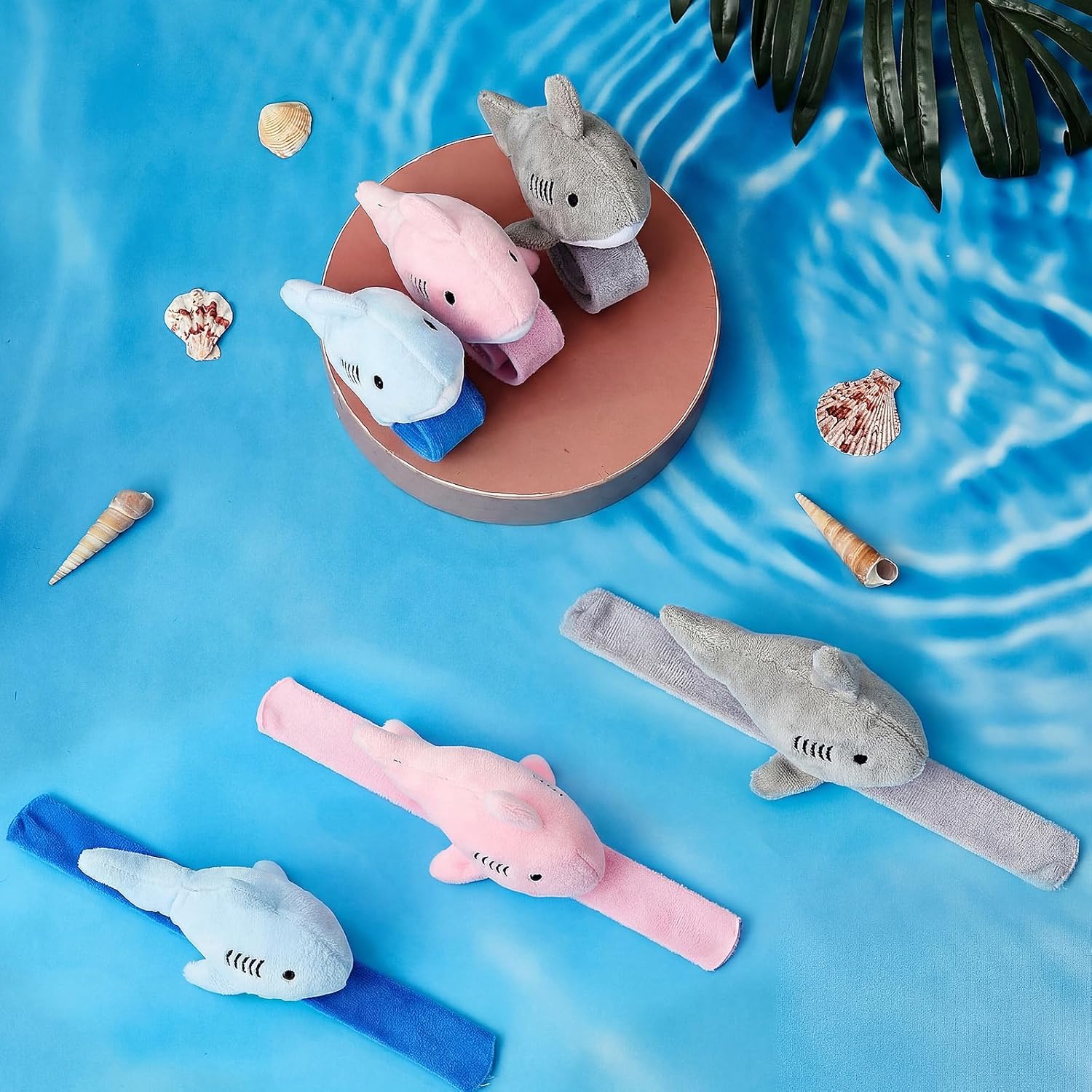Silipull 12 Pcs Shark Slap Bracelet for Kids Plush Stuffed Ocean Animal Slap Wrist Band Bulk Cute Shark Snap Patting Circle Birthday Classroom Rewards Party Favors Gifts for Boys Girls, Blue Gray Pink