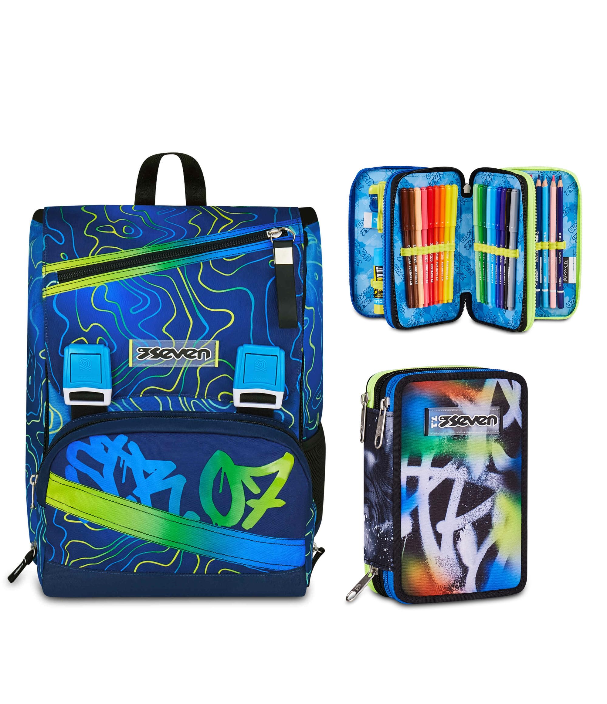 Seven Zaino Doppio Scomparto Estensibile Seven, Blu, Schienale Preformato, Bambino Scuola +Astuccio 3 zip BUZZY NOTE BOY, Multicolore, 45 pezzi, Completo di penne, matite e colori, Scuola elementare