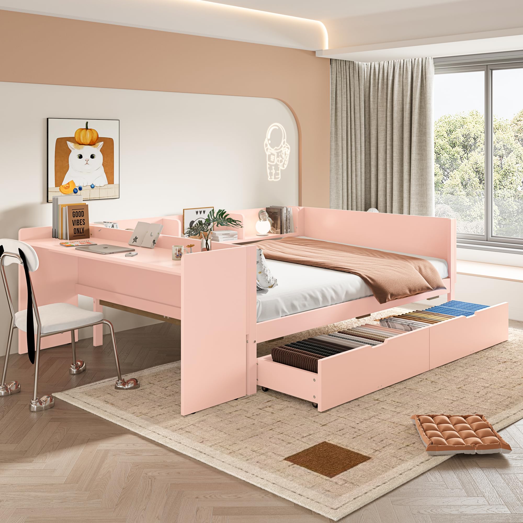Cama plana de madera, con escritorio, equipada con 2 cajones, cama individual, con estantes, madera de pino+aglomerado (sin colchón) (rosa, 140 x 200 cm)