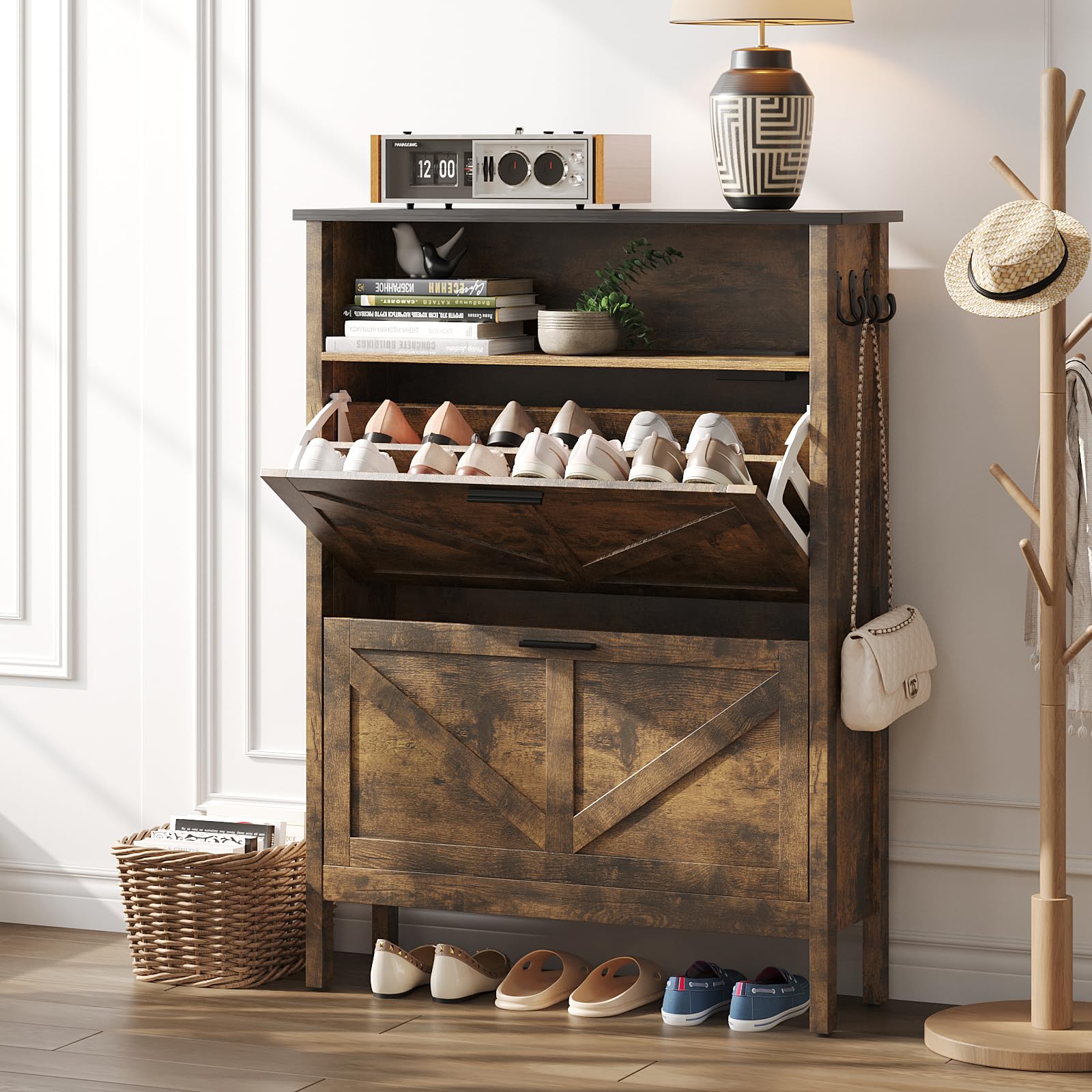 Fameill Shoe Storage Cabinet with 2 Flip Drawers,Automatic Deodorization Function, Freestanding Shoes Organizer Cabinet,Brown