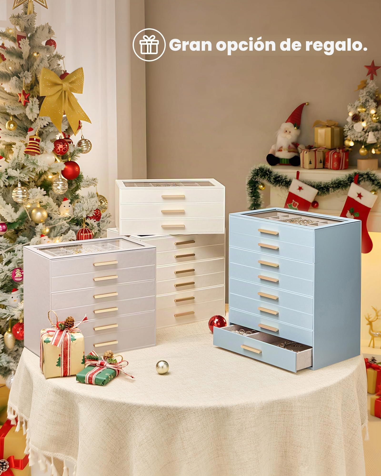 Caja Organizadora de Joyas 4 Niveles con Tapa de Vidrio, Joyero para Anillos Pendientes Pulseras Collares, Estuche Almacenamiento Mujer, Beige
