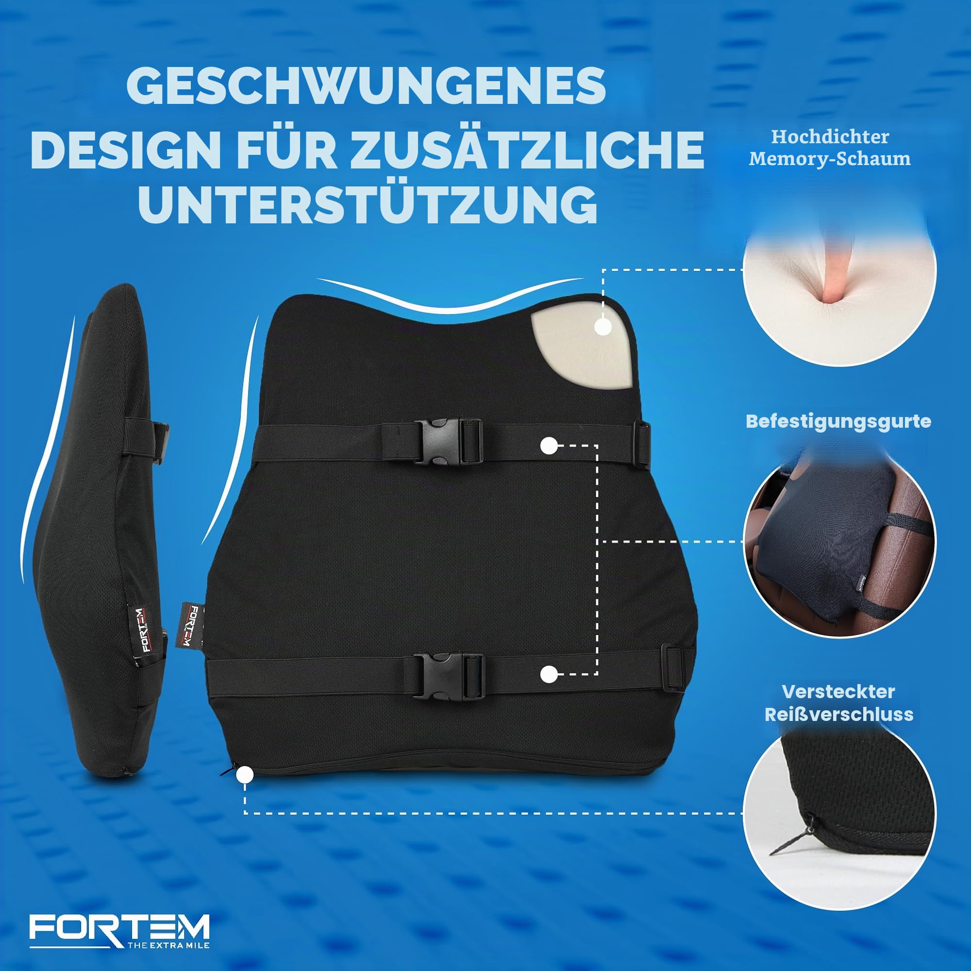 FORTEM Sitz- und Rückenkissen fürs Auto – Memory-Schaum, Keilkissen, Lendenstütze, rutschfest, Verstellbare Gurte, Abnehmbarer Bezug