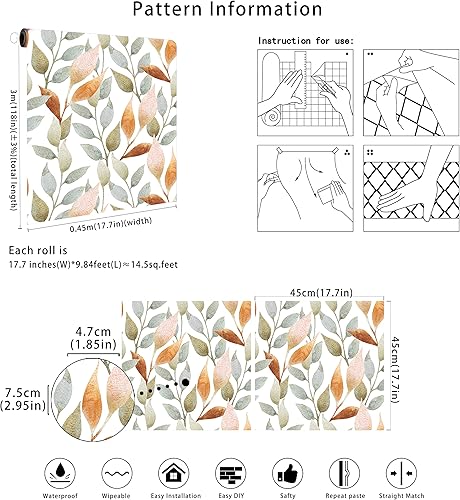 Miniatura 7 de Floralplus Papel tapiz de papel tapiz removible bohemio para despegar y pegar, papel tapiz de hojas degradadas en papel tapiz floral para