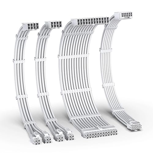 EZDIY-FAB 12VHPWR PSU Cable Extension Kit,16AWG PCIE 5.0 Power Supply Cable Extension- 1x 24 Pin ATX /2X 8Pin (4+4) EPS / 1x12+4 Pin GPU,Sleeve Cable 300MM with Combs-All White - All White