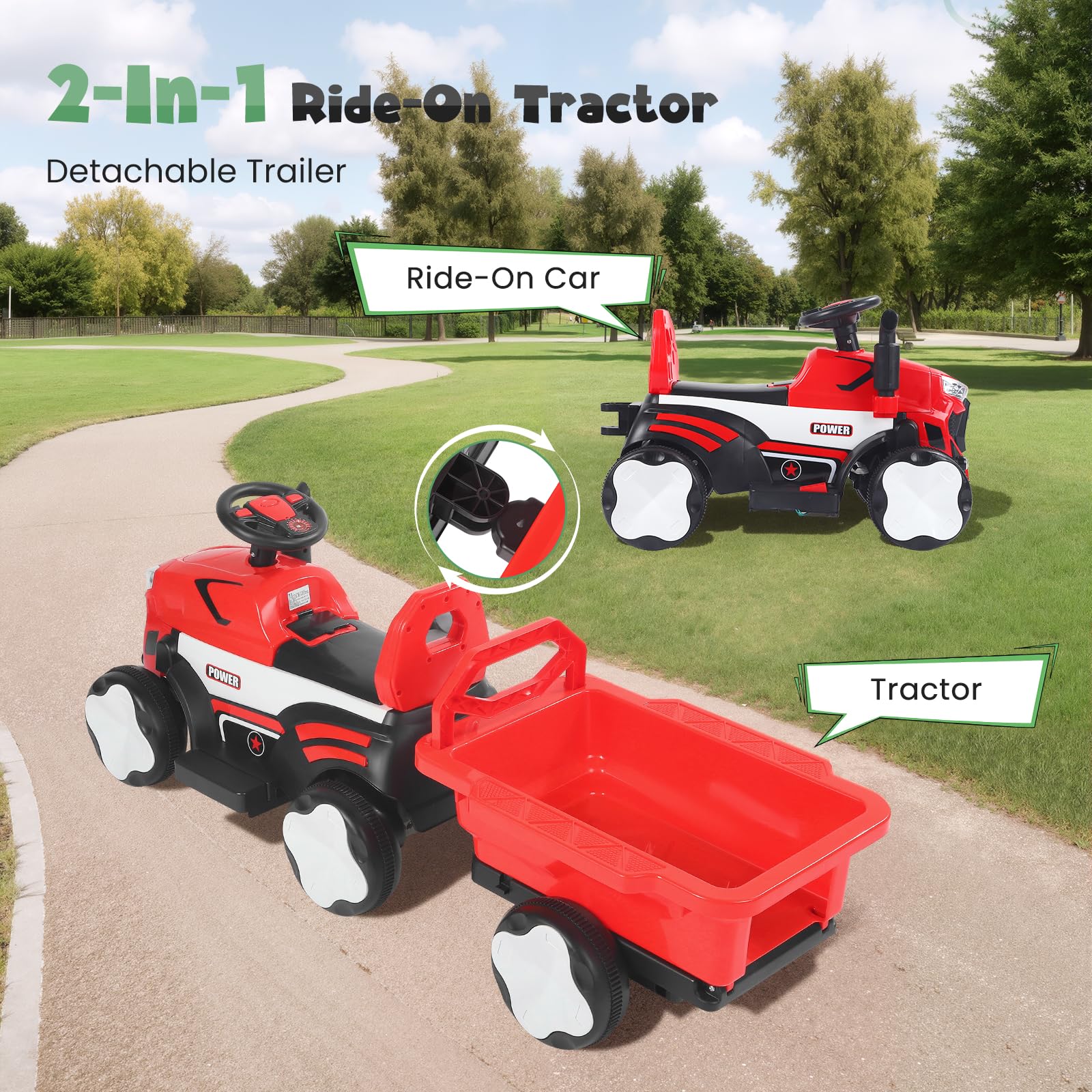 Trattore Elettrico per Bambini con Rimorchio, Telecomando, Luci LED, Musica, Capacità di Carico Fino a 30 Kg, Adatto per Bambini da 3 Anni (Rosso)