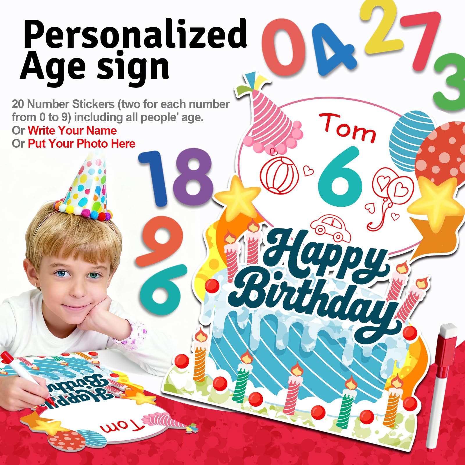 'Happy Birthday' znaki podwórkowe dekoracje zewnętrzne – zestaw 19 szt. z literami 40 cm, duży znak na tort na metalowym stojaku w kształcie litery H, światła LED i słupki na trawnik, ogród