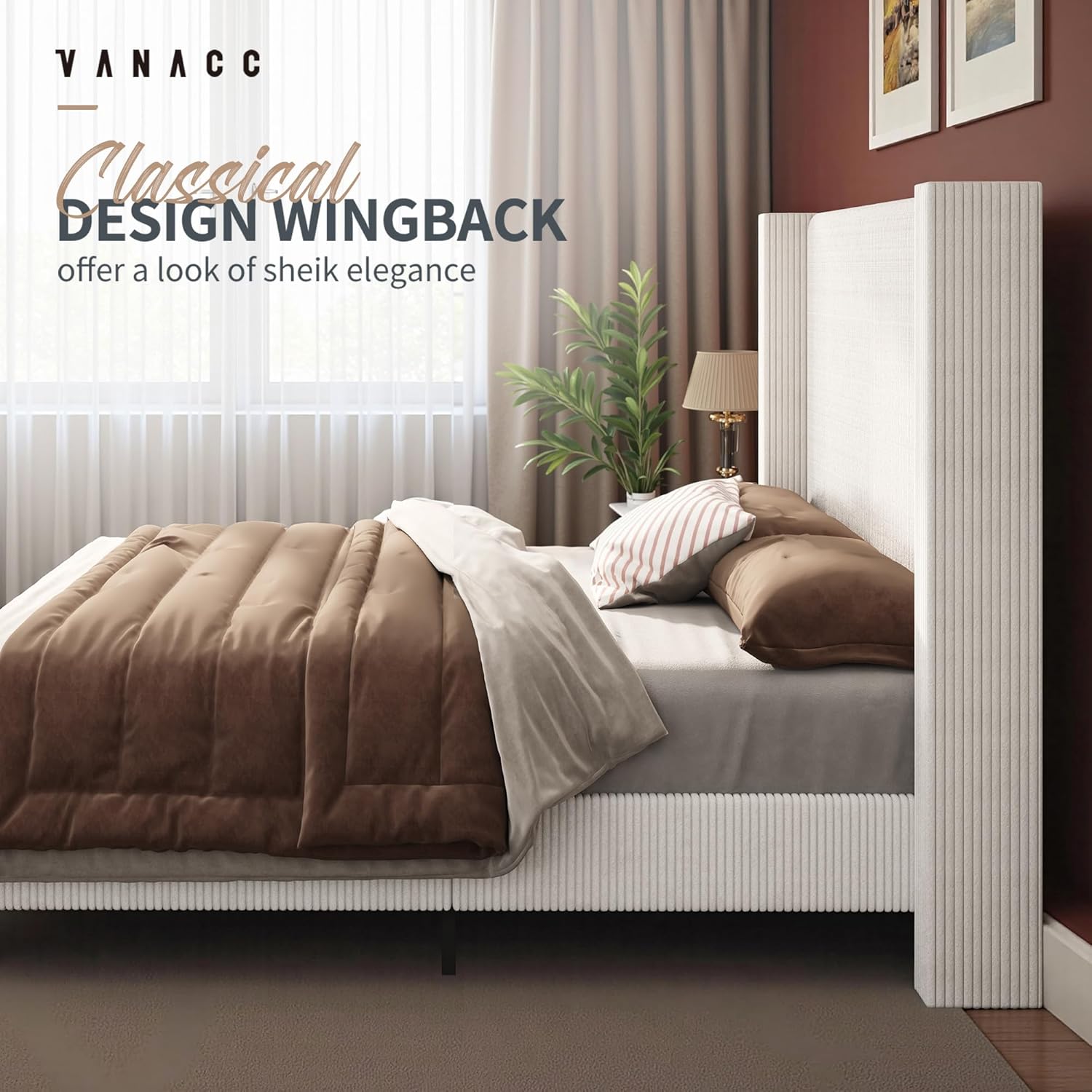 VanAcc Queen Size Platform Bed Frame, 50.8" Corduroy Upholstered Bed with Vertical Channel Tufted Headboard/Wooden Slats/Wingback/No Box Spring Required/White