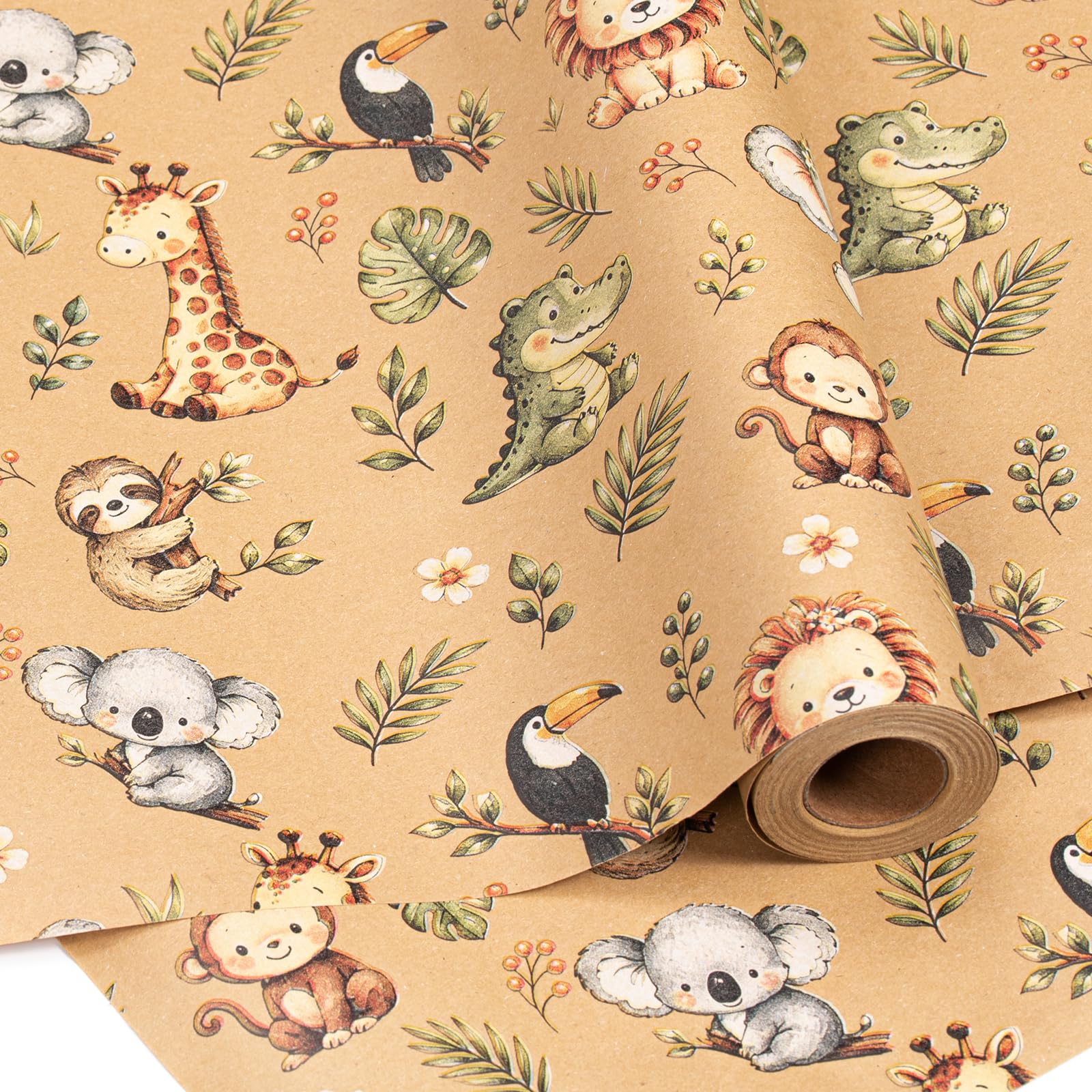 Animal Wrapping Paper Roll, Kraft Birthday Paper Gift Boy Girl - 43cm x 10m