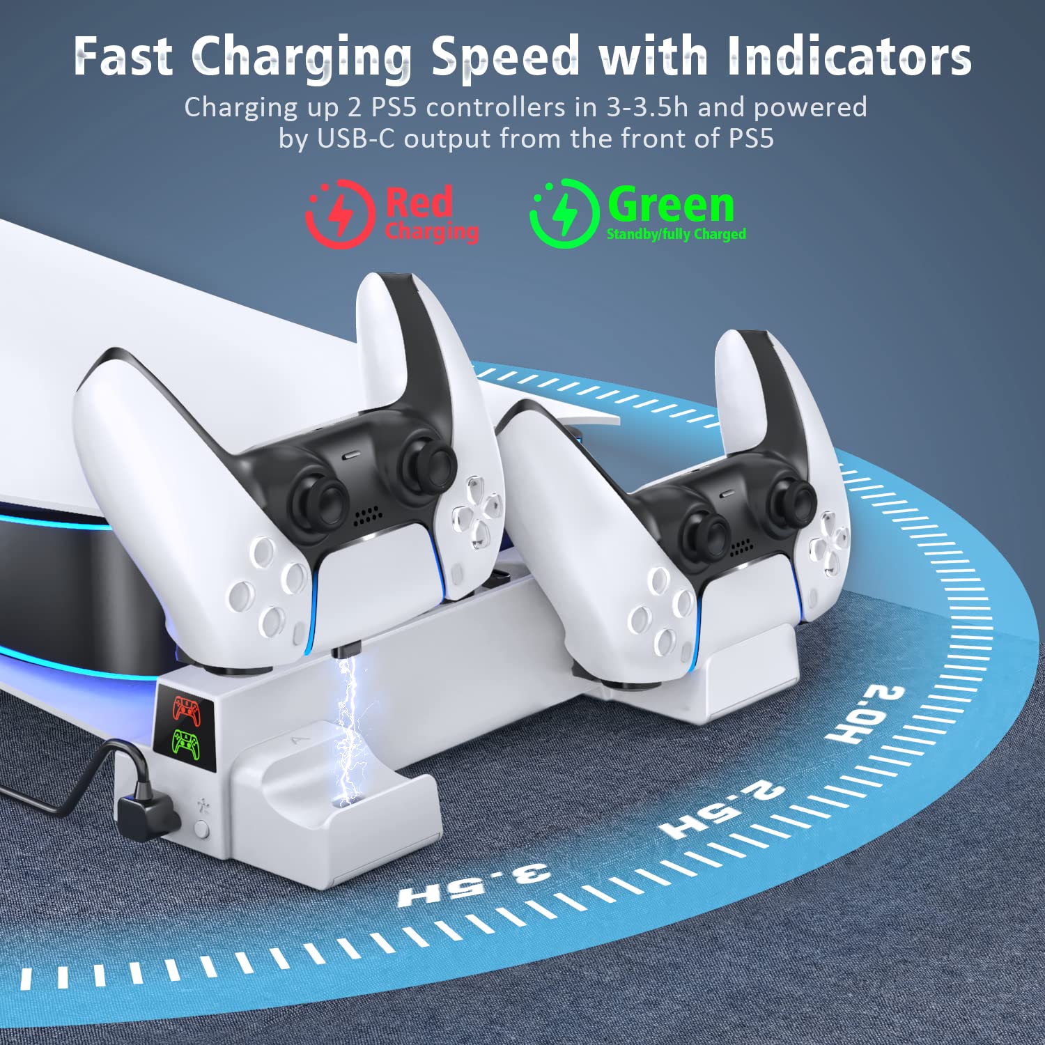 PS5 Support Horizontal avec Ventilateur de Refroidissement à 3 Niveaux, Support Horizontal PS5 et Chargeur Manette PS5, Station de Charge et Accessoire pour PlayStation 5