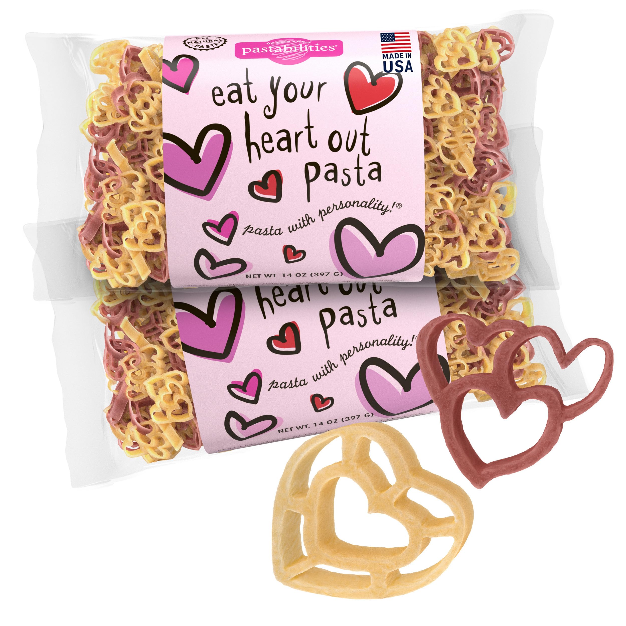 Pastabilities Fun Shaped Pasta for Kids - Eat Your Heart Out Pasta - Valentines and Love Fun Theme, Non-GMO Natural Wheat Pasta, All-Natural, Kosher Certified, Made in the USA, (2 Pack, 14 Oz)