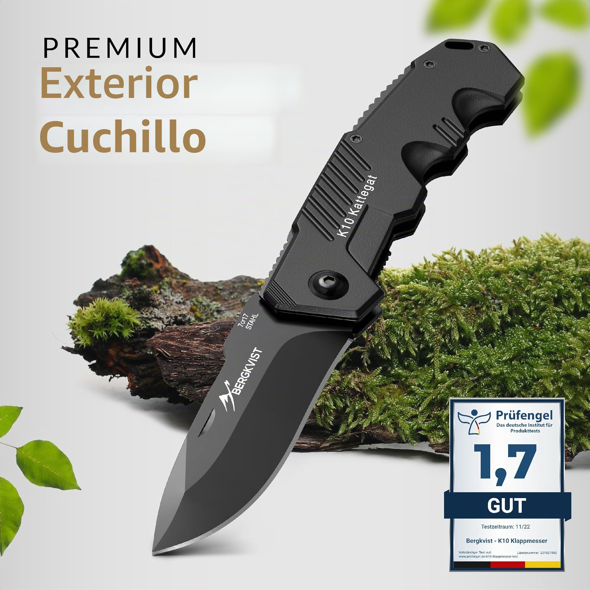 BERGKVIST® K10 Cuchillo plegable [navaja de dos manos], negro | Navaja afilada para exteriores, supervivencia o caza, con acero al fuego y funda de cinturón, todo metal
