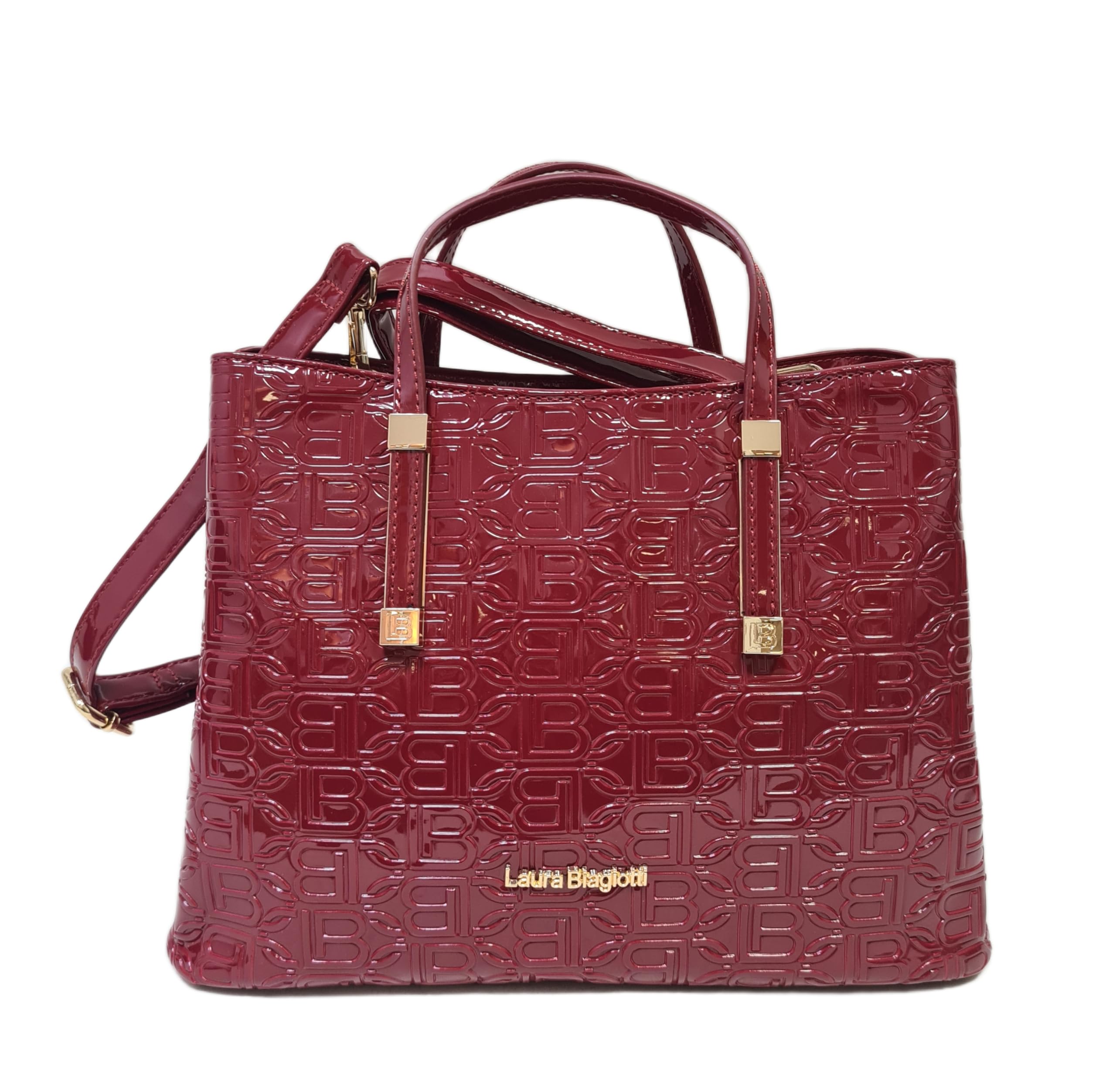 Laura Biagiotti Borsa Donna Linea Arcade, Pelle Sintetica Verniciata, Stampa LB, Manici Doppi e Tracolla Rimovibile, Dimensioni 30x12x22 cm, Accessori Oro ART.LB25W-250-1