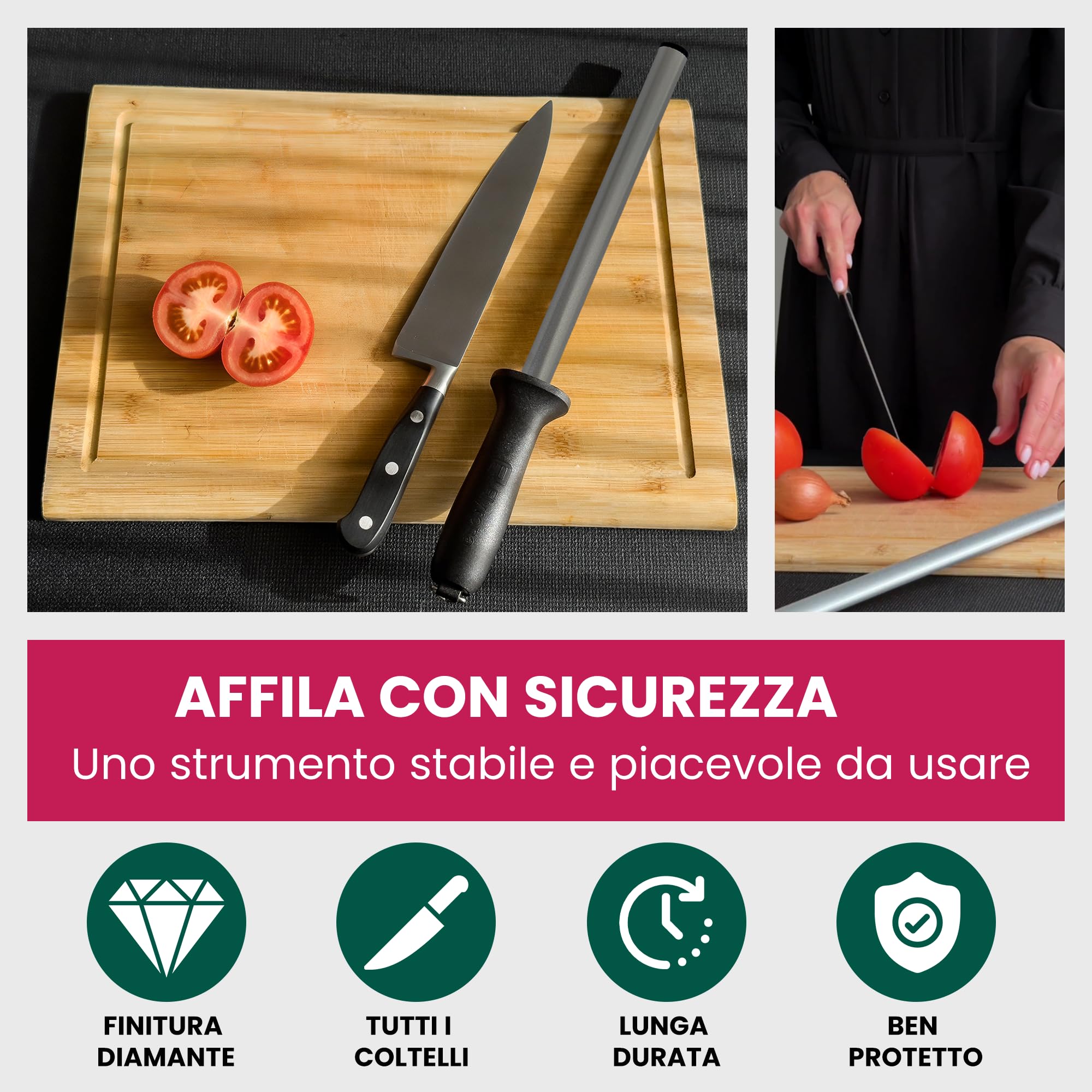 Affilacoltelli Professionale Diamantato 25 cm – Acciaino per Coltelli Cucina Manuale – Affila Coltelli Acciaio con Manico Antiscivolo – Mola Affilacoltelli per Tutti i Tipi di Lame