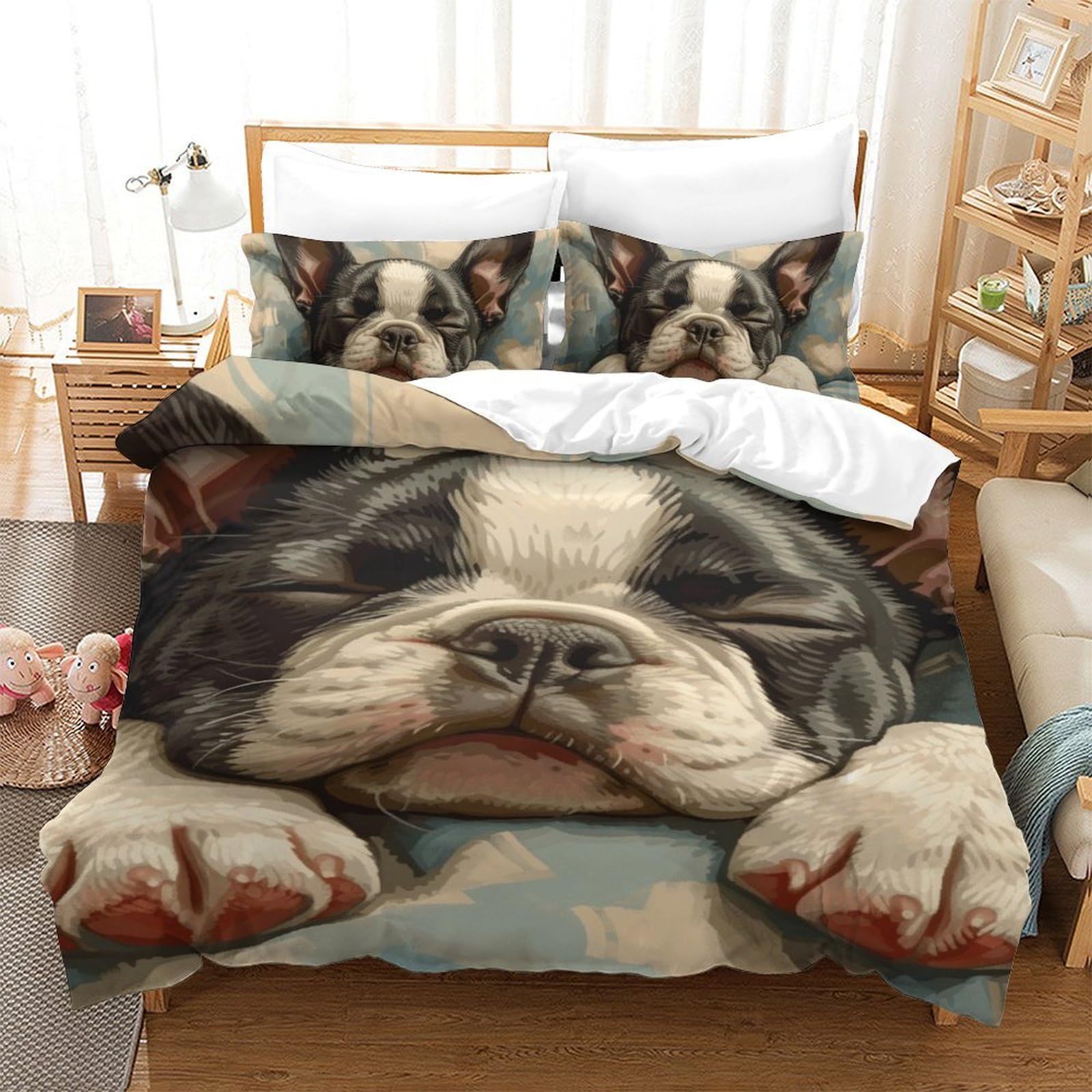 Housse de couette 140x200 bouledogue français avec taies d'oreiller 3D