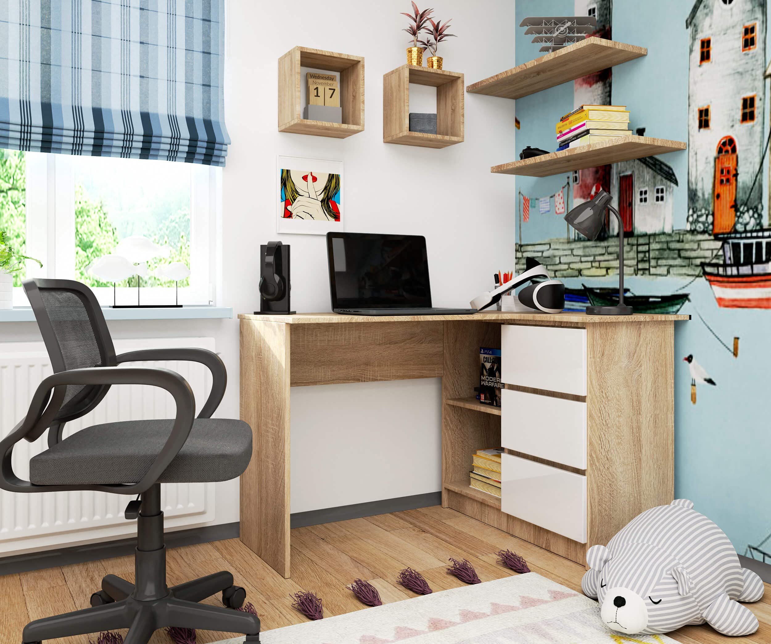 Escritorio esquinero AKORD B16 Roble Sonoma 124 cm con lado derecho 3 cajones frente en color Blanco 2 estantes 124x85x77 cm