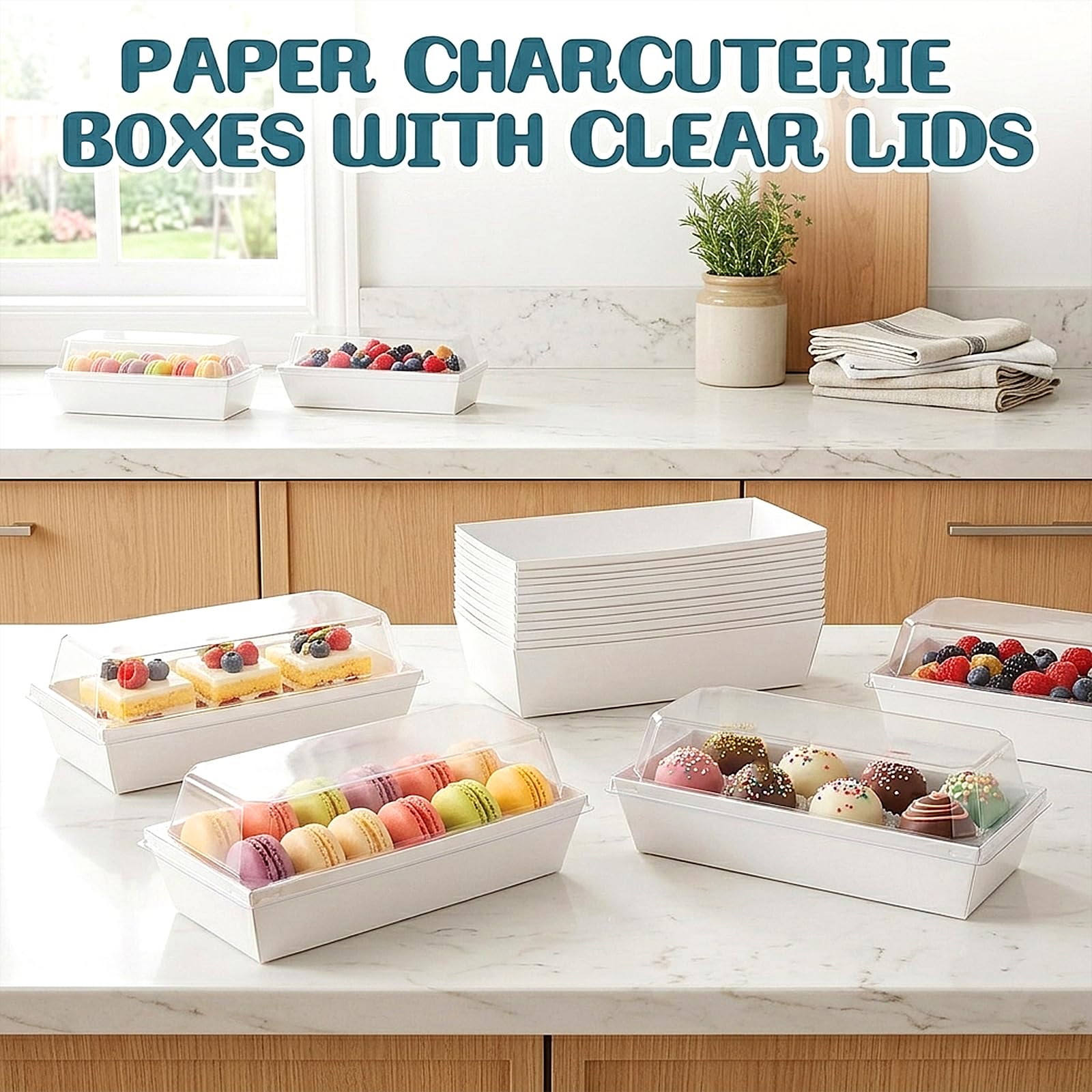 Dicunoy Paquete de 100 cajas de sándwich con tapas transparentes, cajas de papel para alimentos, bandeja rectangular para alimentos para sushi, pastel suizo, sándwich, galletas, frutas, bombas de