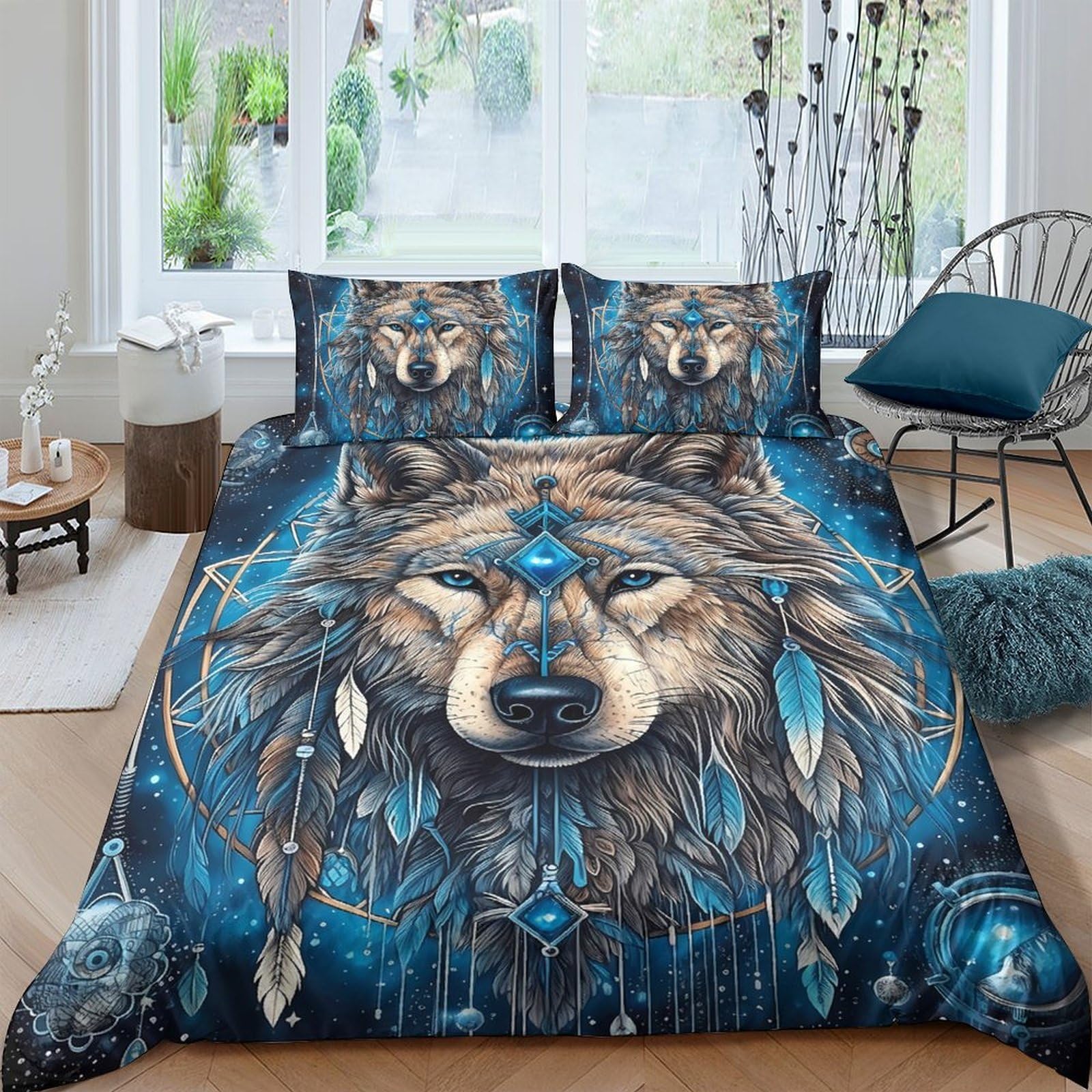Ctjqhvkz Style-8 3D Printed Wolf Dreamcatcher Fitted Sheet Microfiber Soft Blue Bed Cover For Bedroom Guest Room Mattress Protection Decor Single（135X200cm）