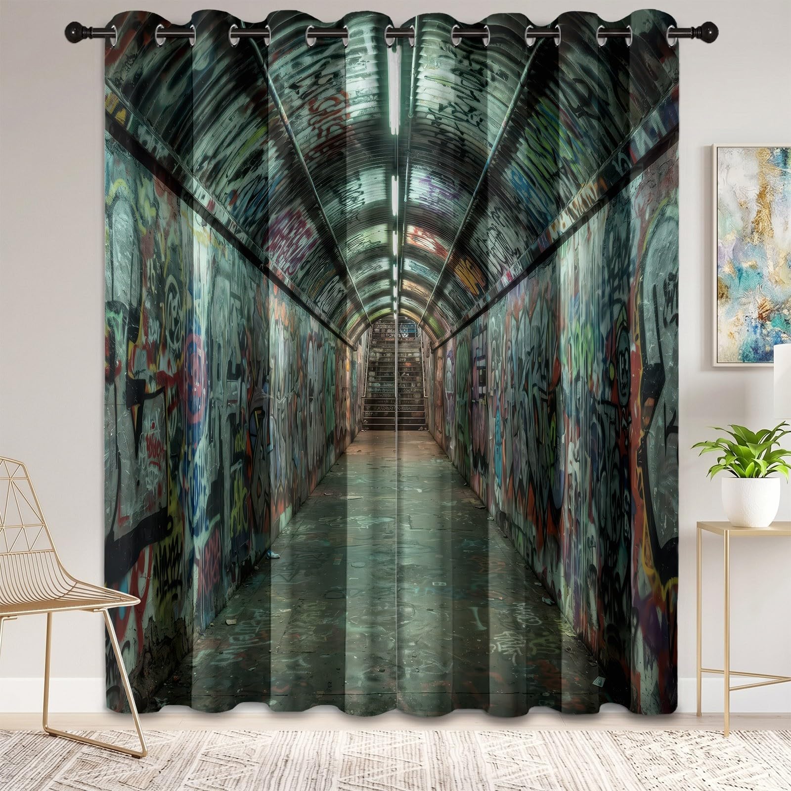 140 x 245 cm, juego de 2 cortinas opacas estampadas de graffiti túnel