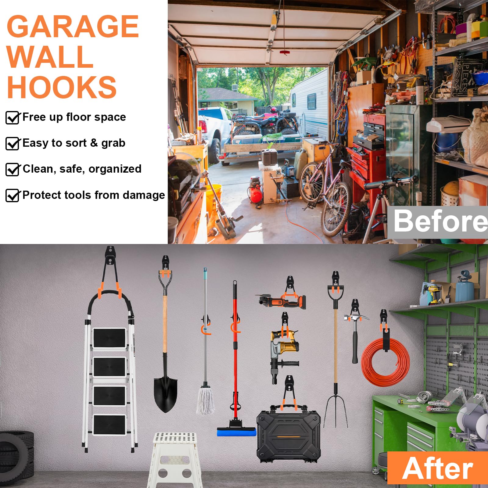 EZ COZY Robuste Wandhalterungshaken, 16 Stück mit 2 Verlängerungsschnurbändern (orange) für Garage, Schuppen, Fahrräder, Leitern, Seile