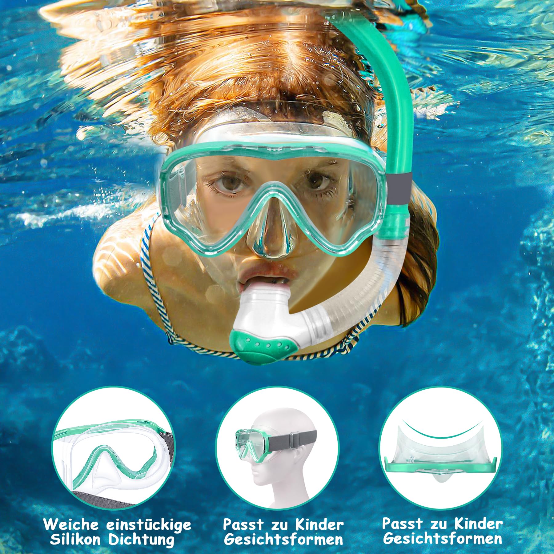 Vvinca Schnorchelset Kinder ab 4-14 Jahre Taucherbrille mit Schnorchel Tauchset Mädchen Jungs 180°Anti-Fog Anti-Leck Verstellbare Elastische Schwimmbrille Schnorchelmaske Dry Schnorchel Rosa