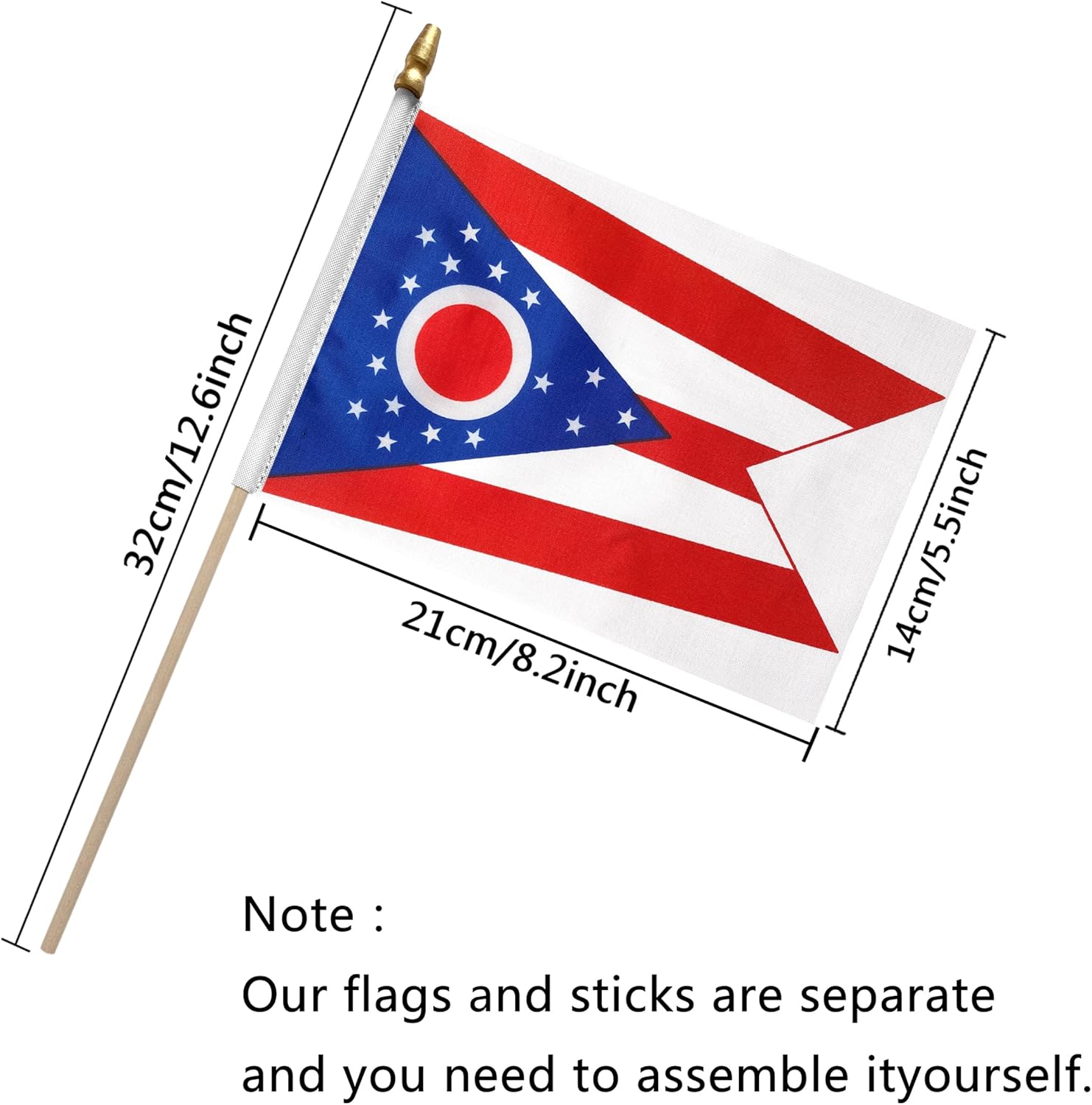 TSMD Ohio OH State Flag on Wood Stick Small Mini Hand Held Flags,5x8 Inch,12 Pack - Image 2