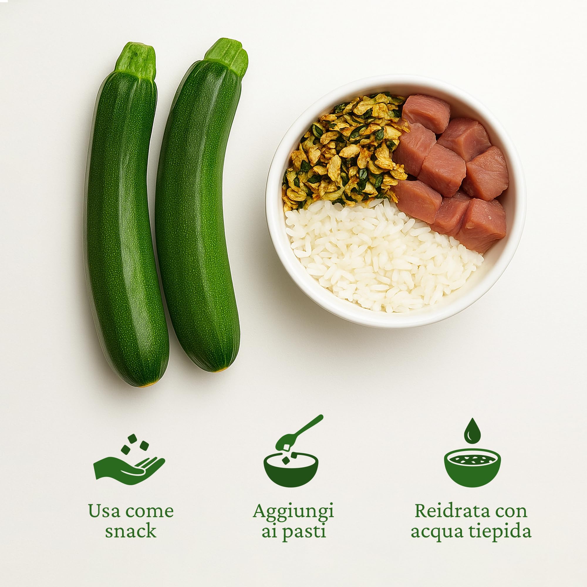 Zucchine disidratate a pezzi per cani 300 g – 100% naturali, senza additivi – Doypack richiudibile – Snack sano o ingrediente BARF