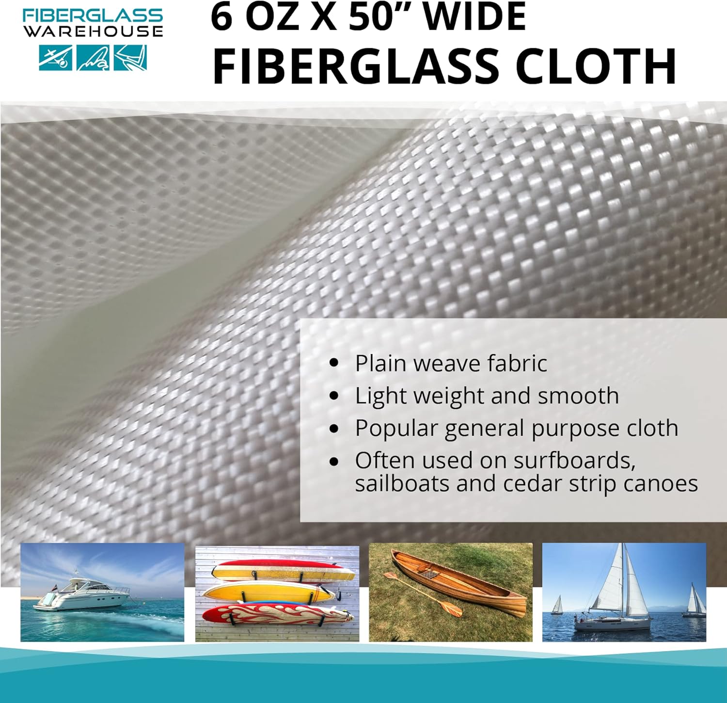 Fiberglass Cloth 6 oz x 50" x 1 Yard (3 feet) - Folded Pack for Surfboard, Sailboat, Auto, Fiberglass Repair, Bathtub