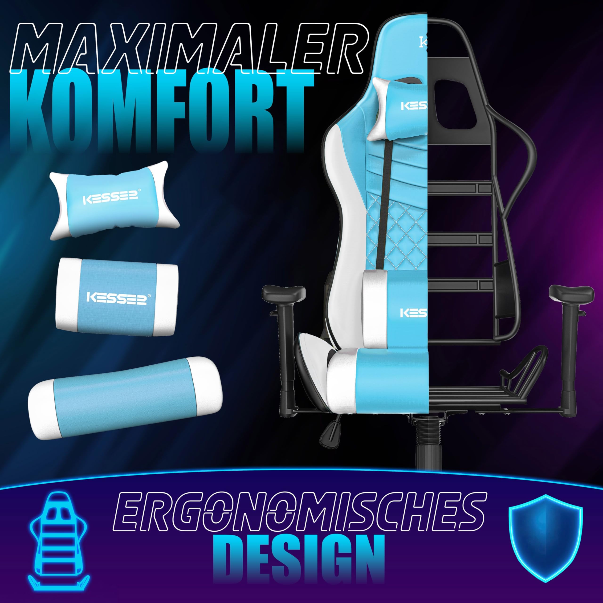 KESSER Sedia da gaming, ergonomica, da ufficio, con poggiatesta e cuscino lombare, portata 150 kg, bracciolo girevole a 360°, sedia da gioco e ruote in gomma